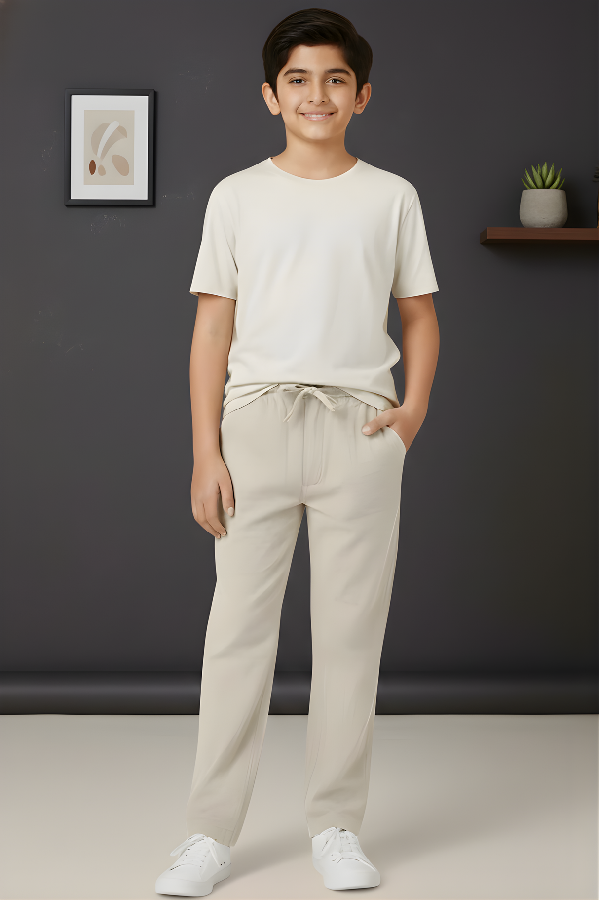 Boys’ Premium Cream Cotton Blend Drawstring Trousers