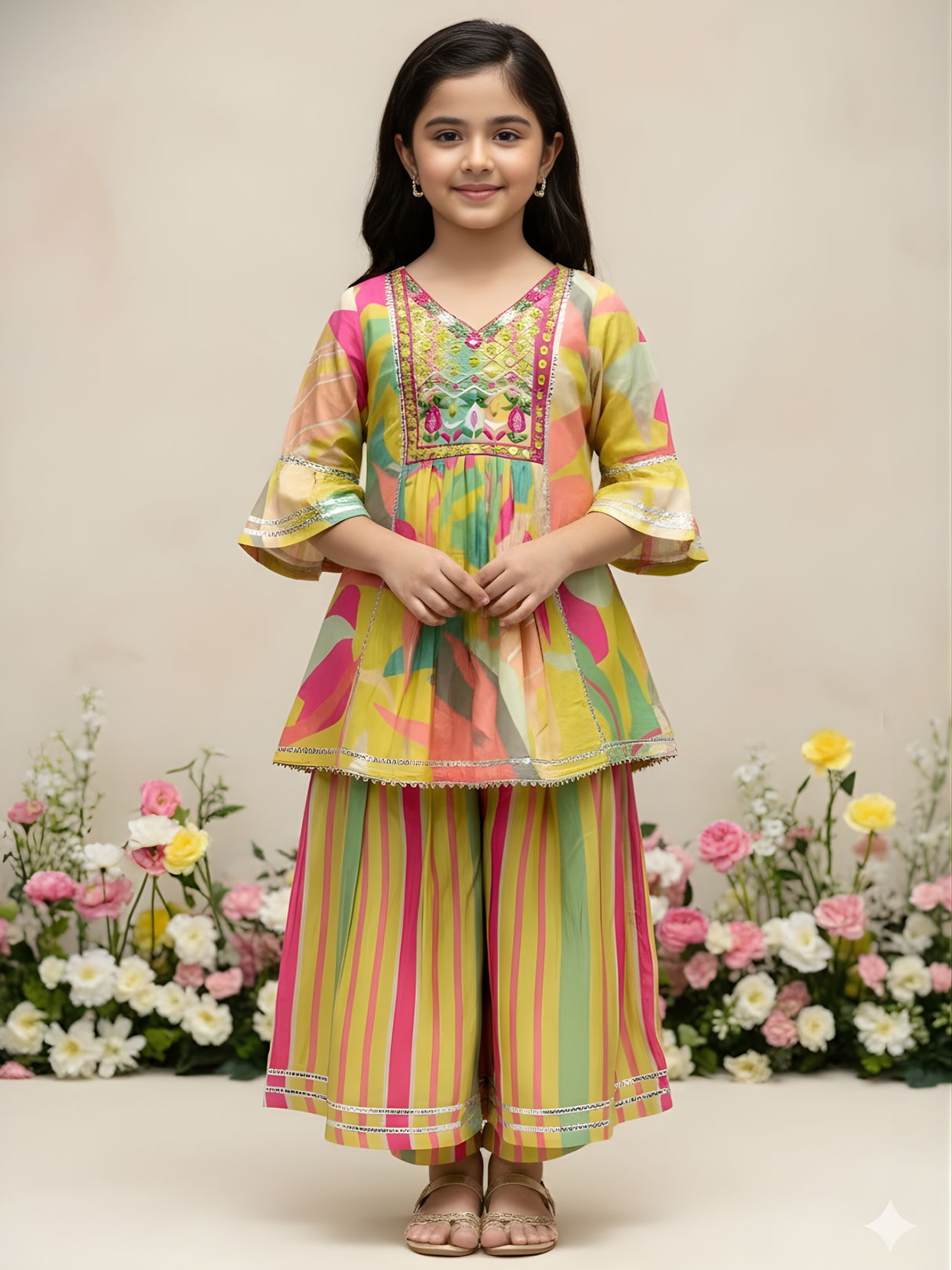 Girls Multicolor Ethnic Dress Set | Traditional Kids Wear