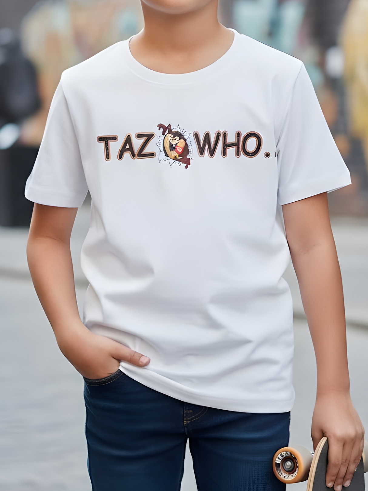 Boys "TAZ WHO." Looney Tunes Graphic Print White T-Shirt