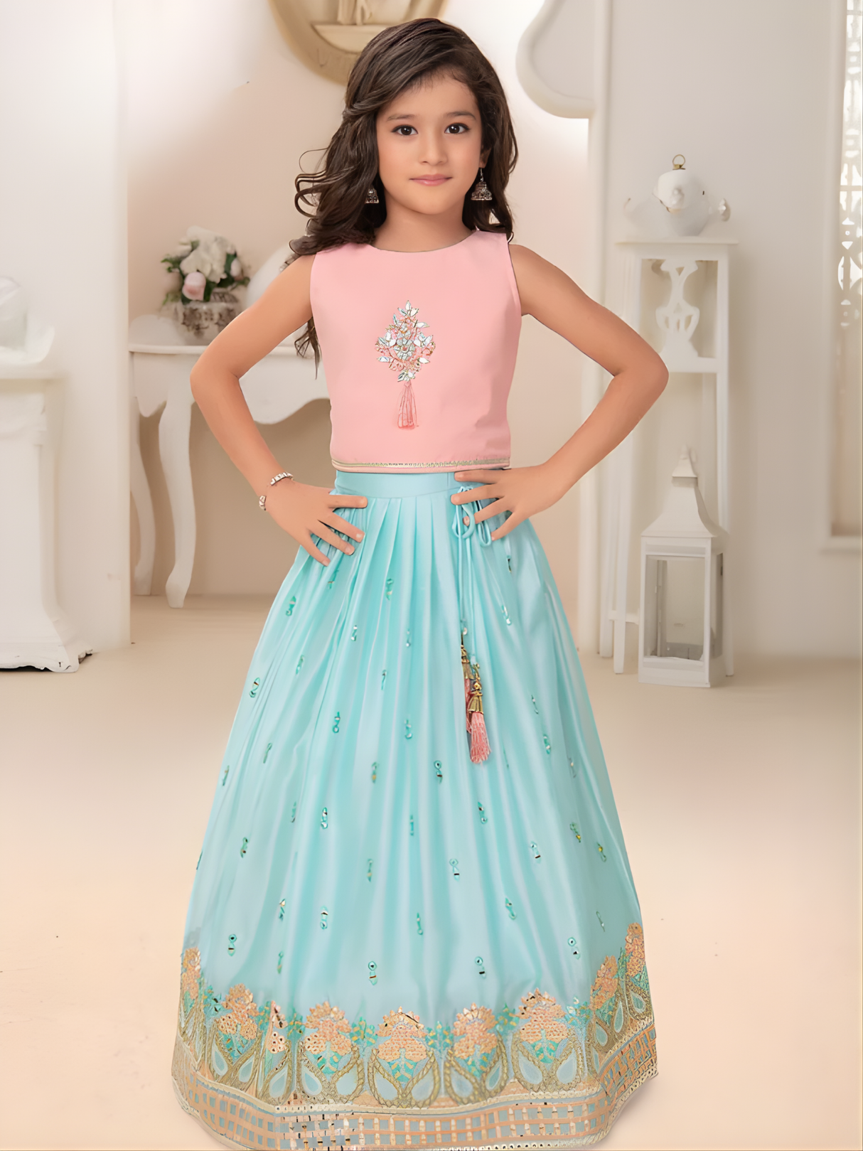 Girls' Mint Green Sequin and Mirror Work Lehenga Choli with Jacket