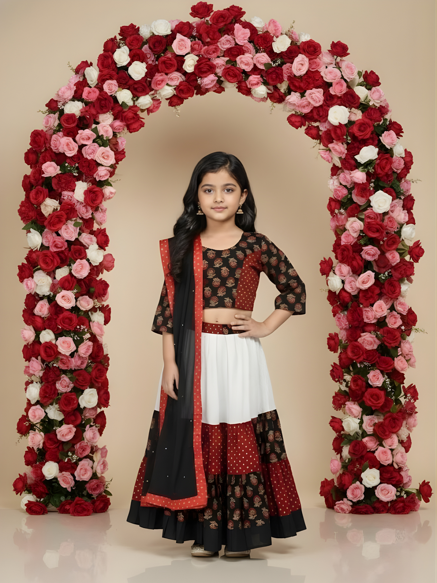 Girls' Black, Red, and White Tiered Block Print Lehenga Choli Set with Dupatta