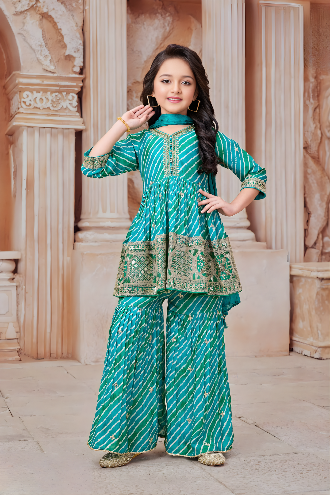 Girls' Teal Green Leheriya Print Embroidered Sharara Set
