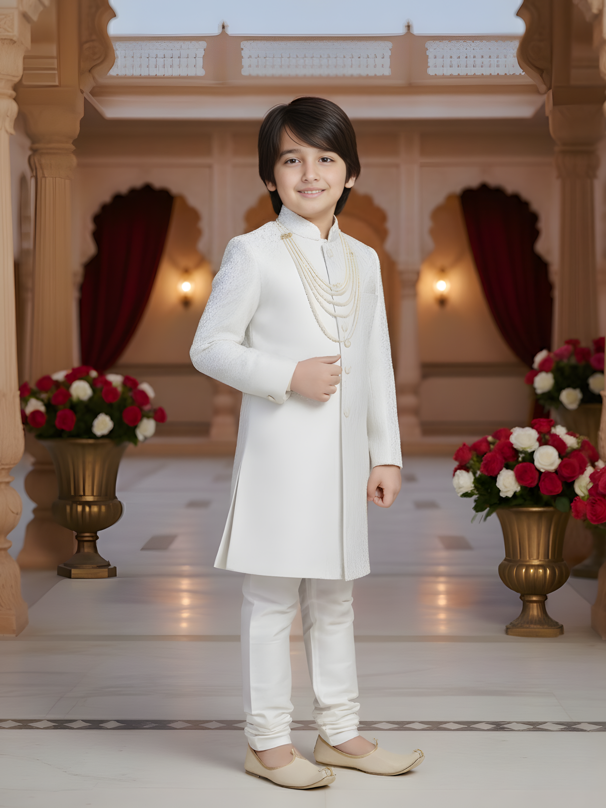Boys' Ivory White Jacquard Achkan Suit with Churidar