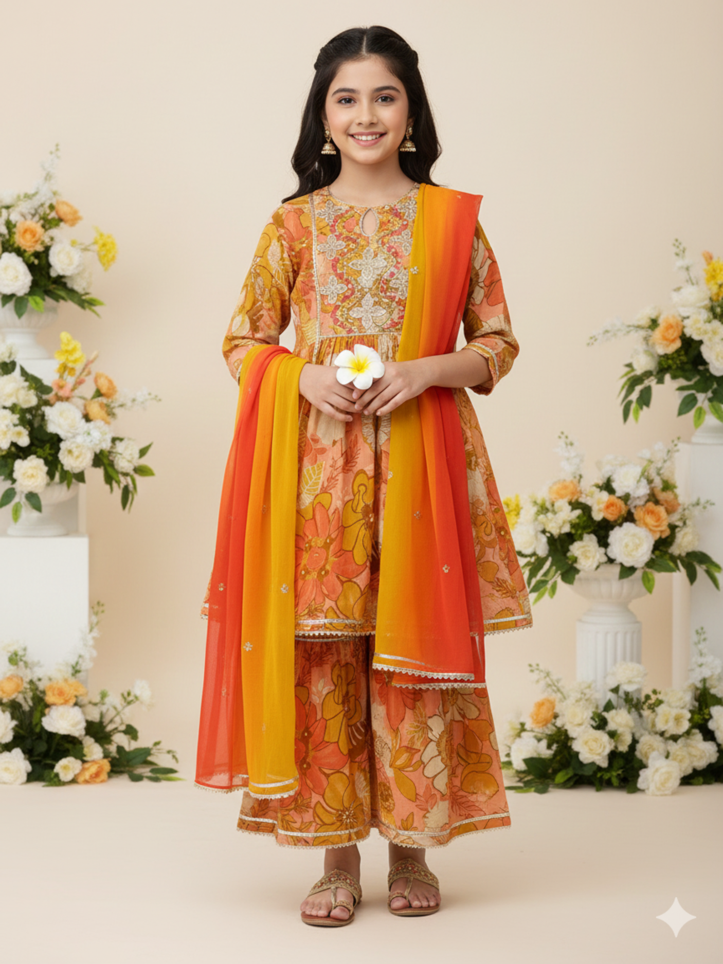 Girls' Festive Yellow & Orange Floral Print Garara Suit Set with Dupatta