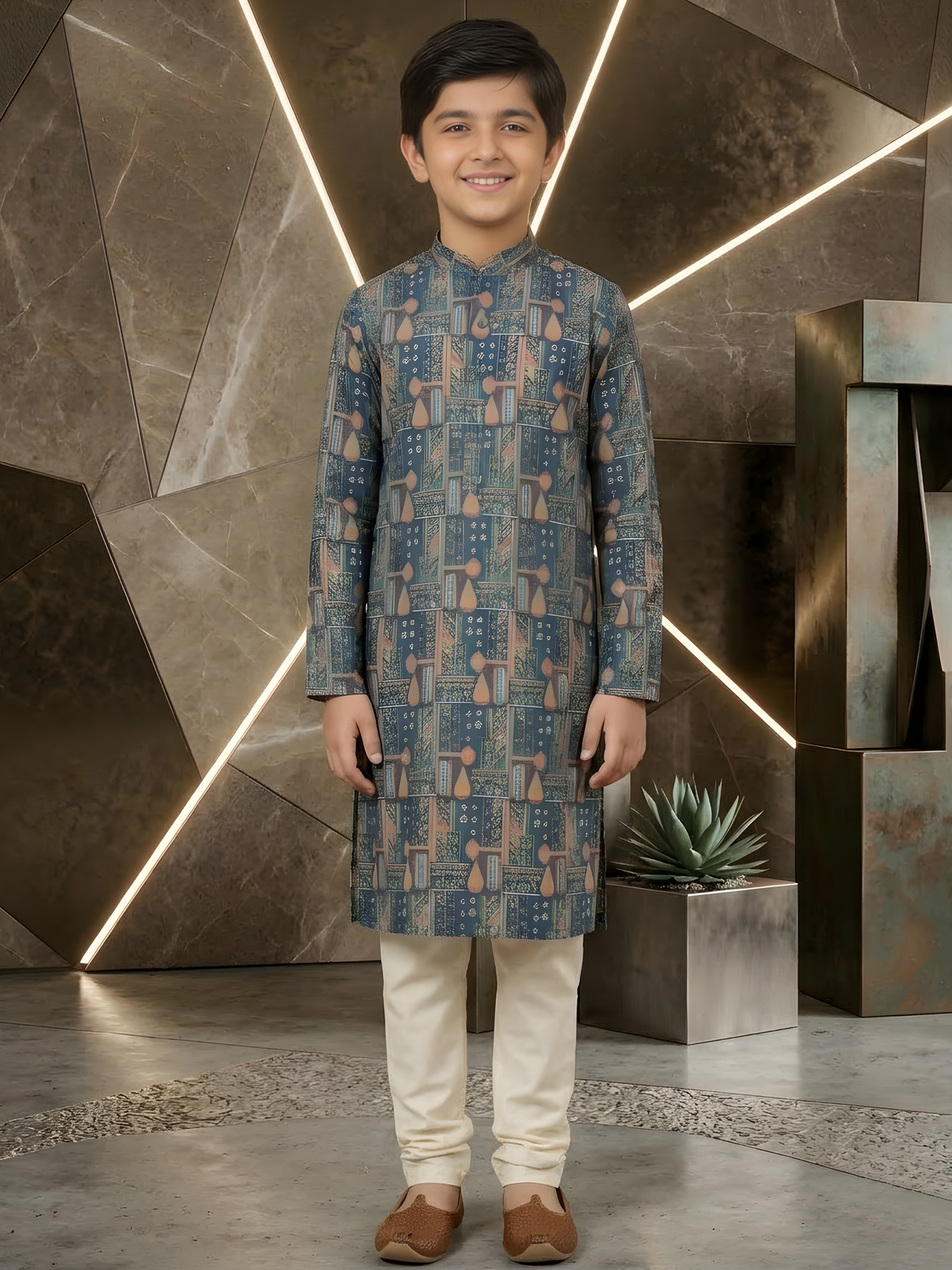 Boys' Blue & Green Festive Figurative Print Kurta Pyjama Set.