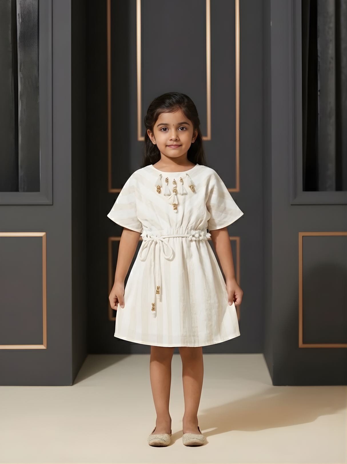 Girls' Cream Striped Boho Dress with Tassel Detail