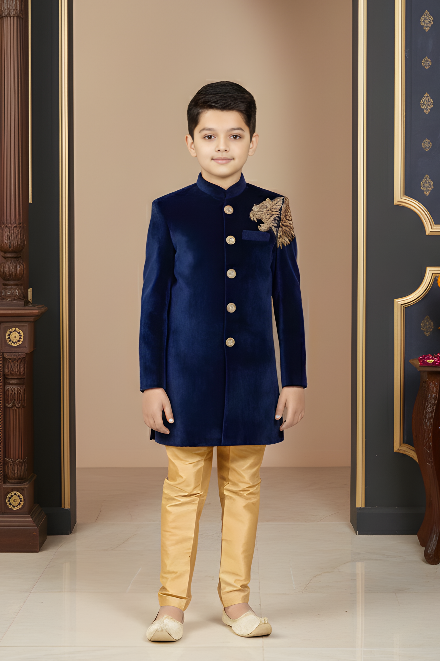 Royal Blue Velvet Jodhpuri Suit with Gold Brooch for Boys