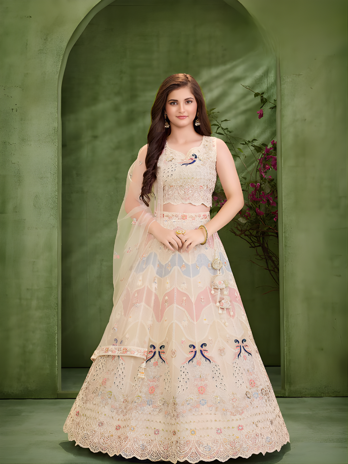 Girls' Cream Beige Lehenga Choli with Pastel Peacock Embroidery