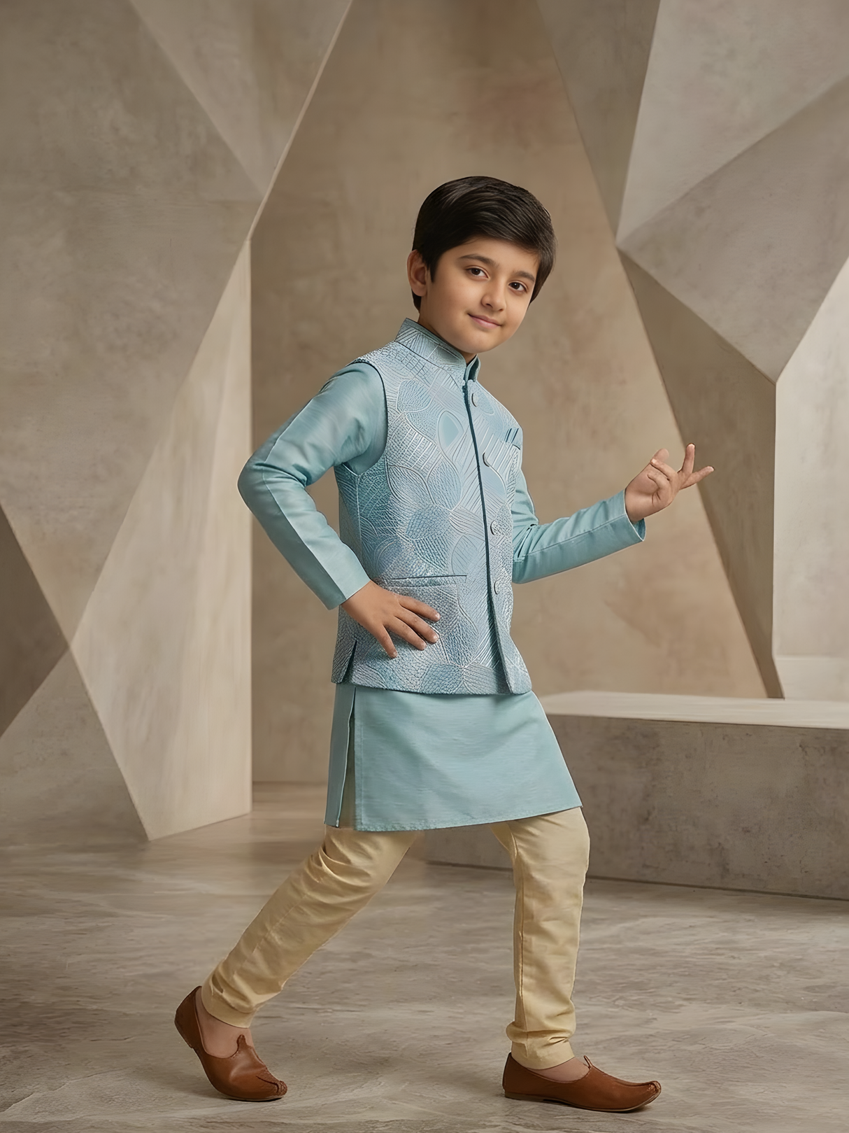 Boys Traditional With Work Chuddidar Kurta with Koti - Sky Blue