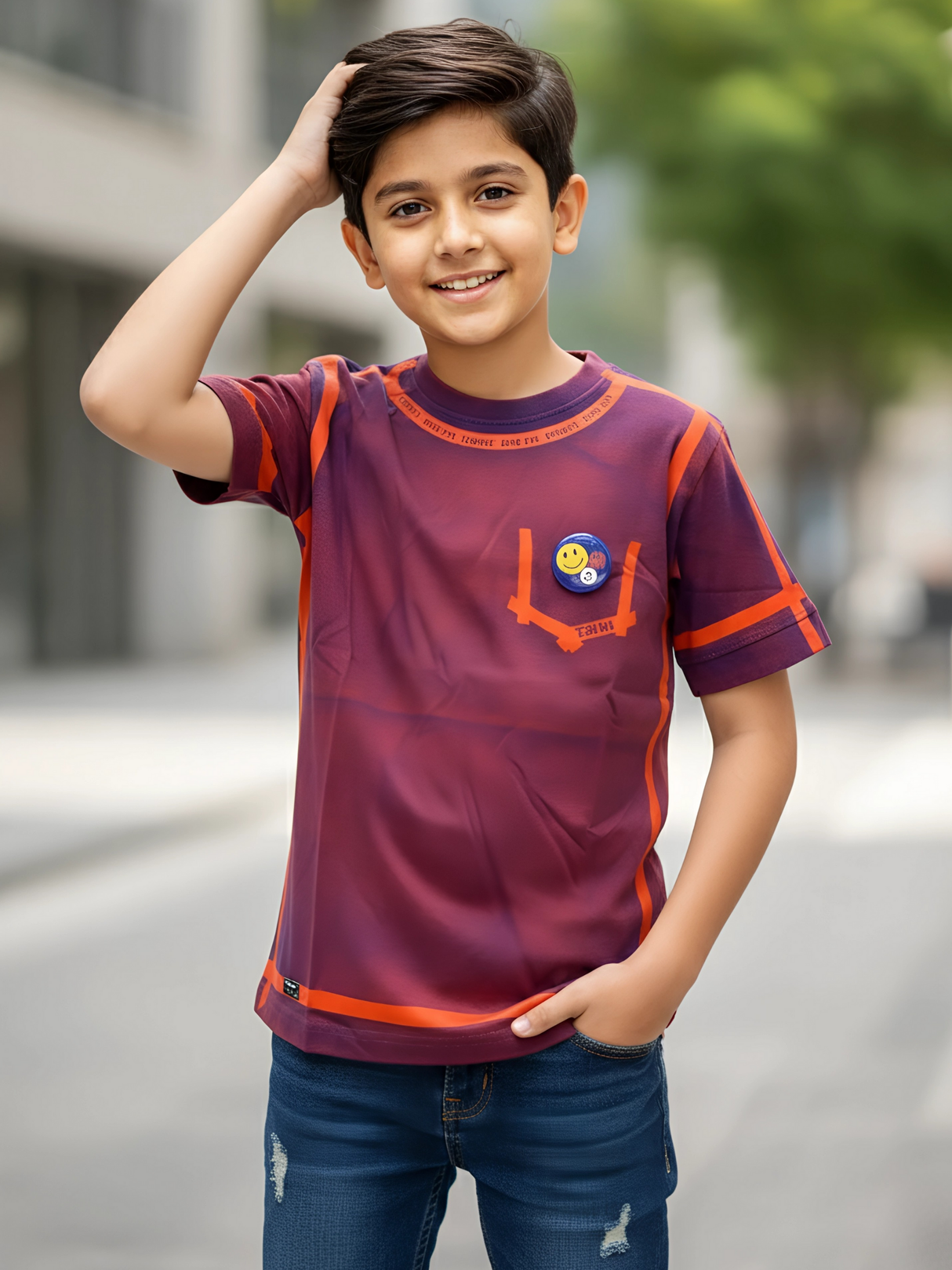 Kids' Smiley Patch Maroon T-Shirt with Contrast Piping