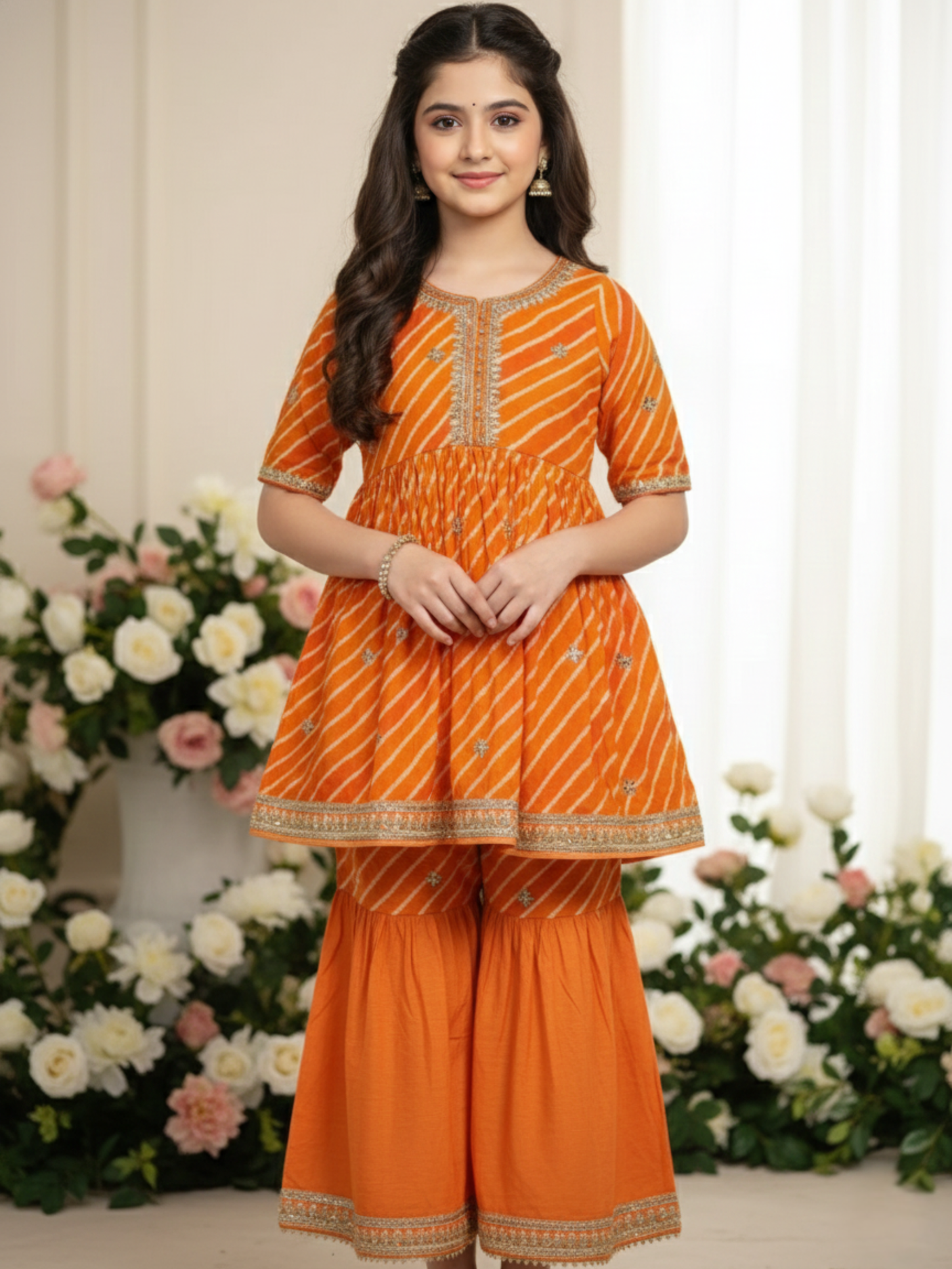 Girls' Festive Orange Printed Angrakha Top and Gharara Set