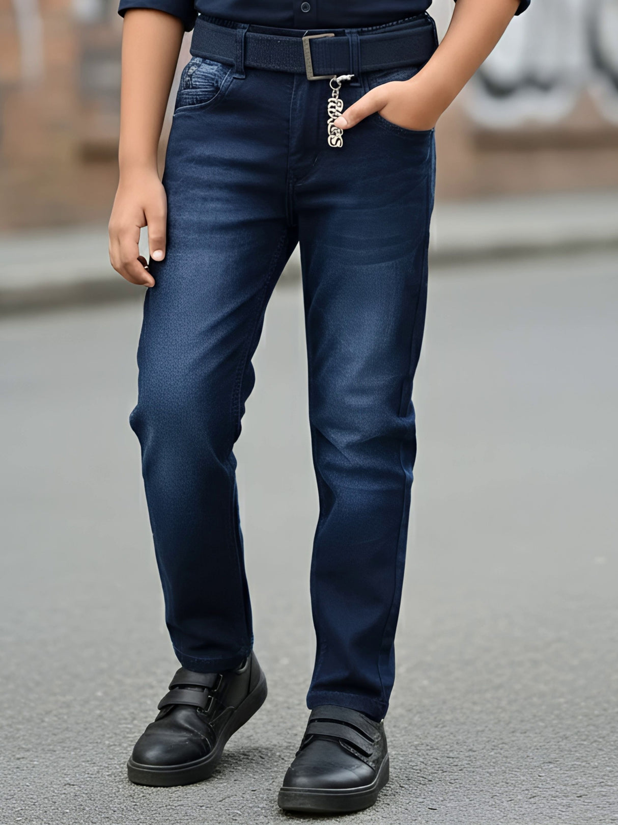 Boys' Premium Navy Blue Slim Fit Jeans with Belt