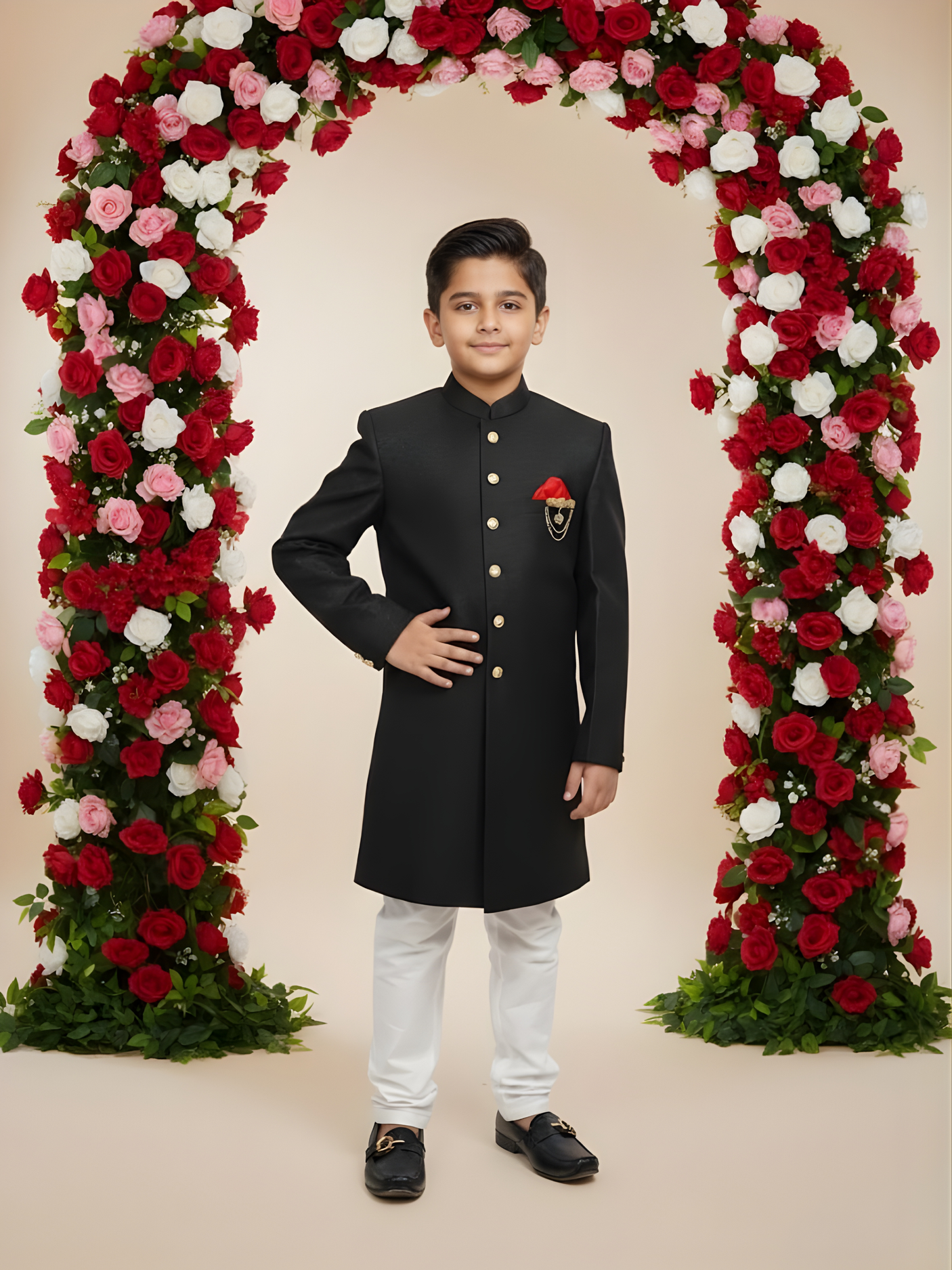 Boys' Classic Black Textured Sherwani Suit with White Churidar