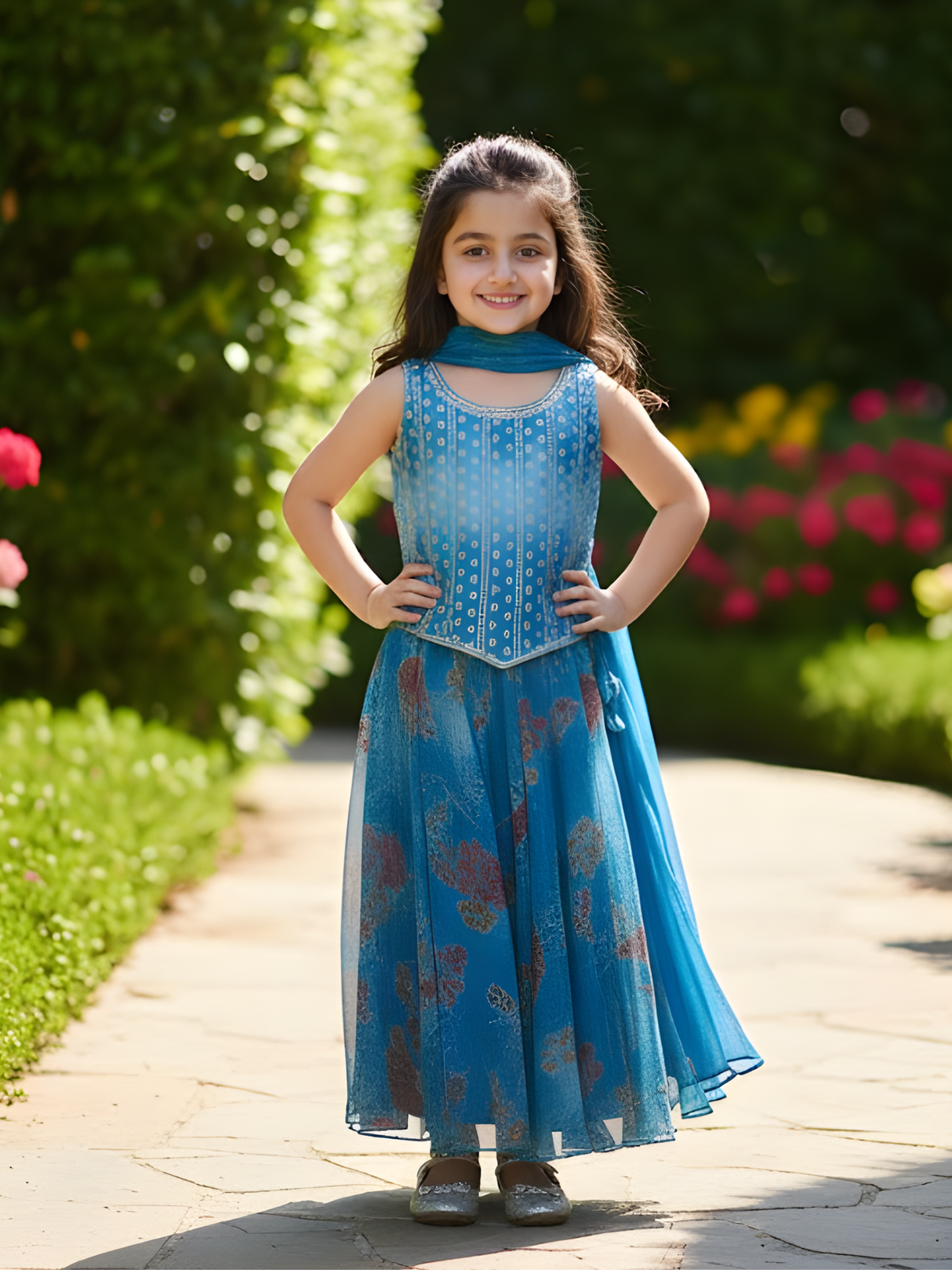 Girls' Geometric Embroidered Top and Floral Blue Lehenga Set