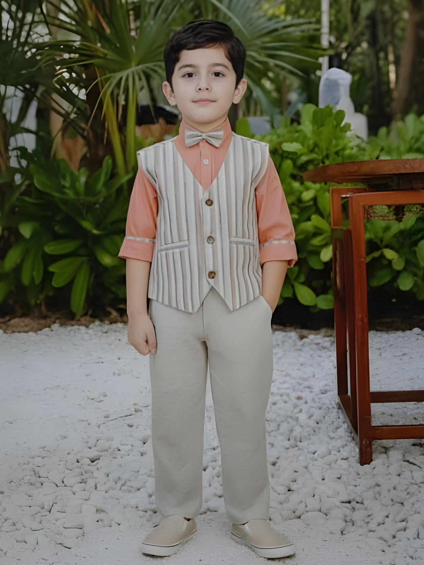 Boys' Pink Vertical Stripe Waistcoat & Trouser Set
