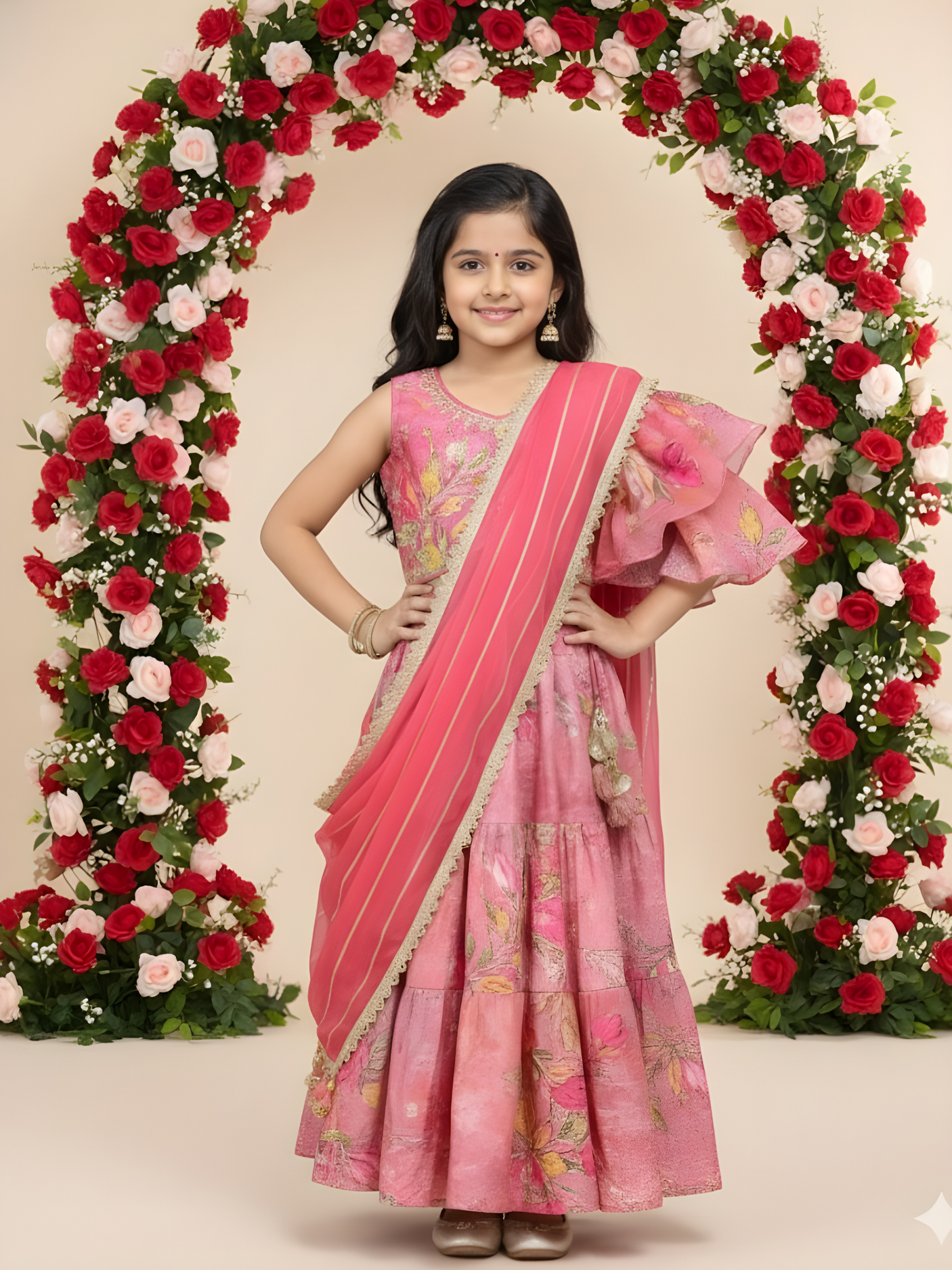 Girls' Peach and Rani Pink Tiered Lehenga Choli with Ruffle Sleeve