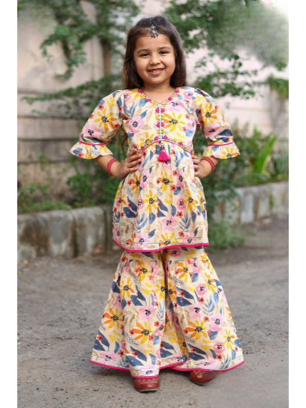 Girls Traditional Half Sleeves Sharara Set - Yellow