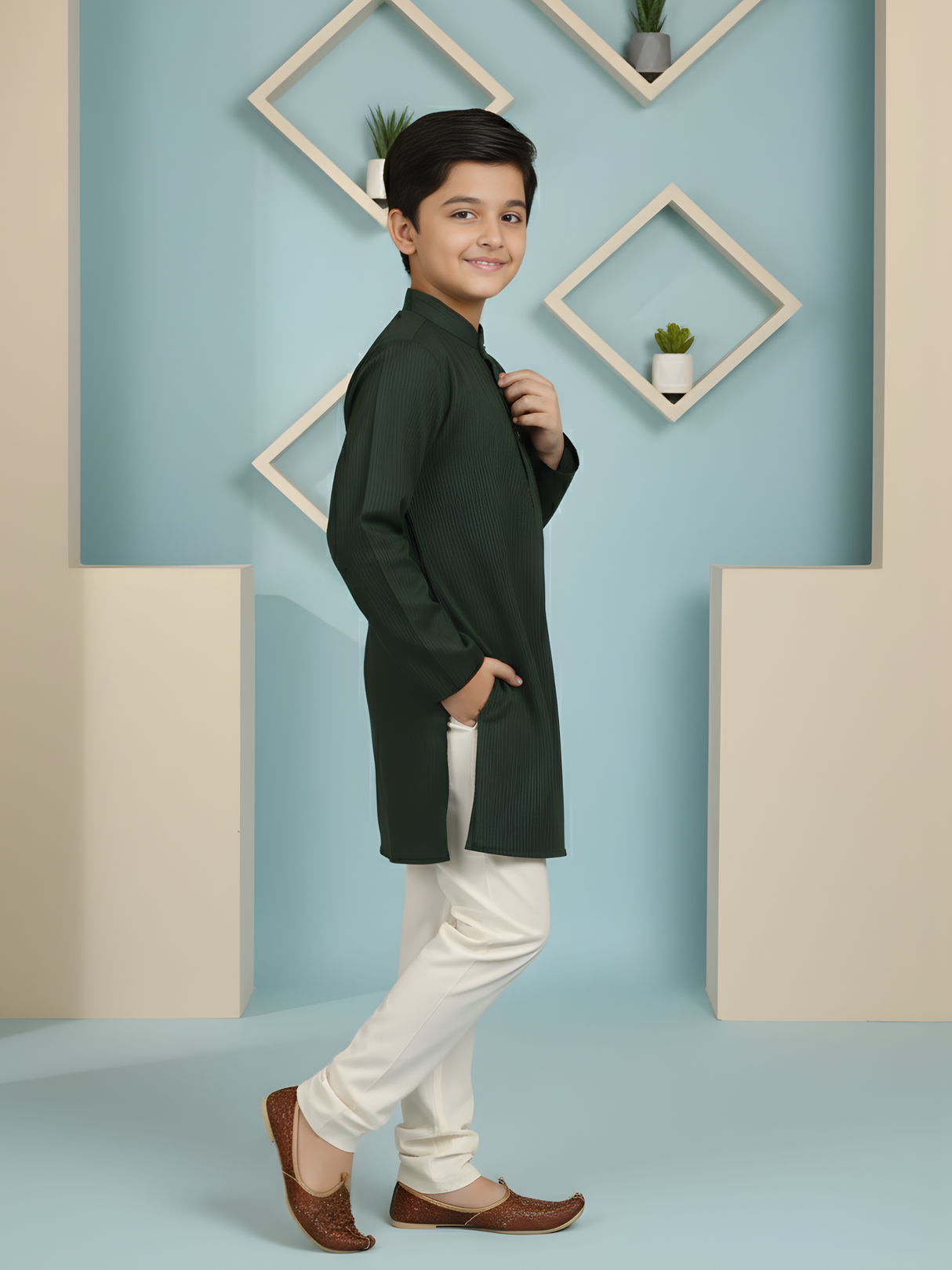 Boys' Dark Green and Beige Chevron Print Kurta Set