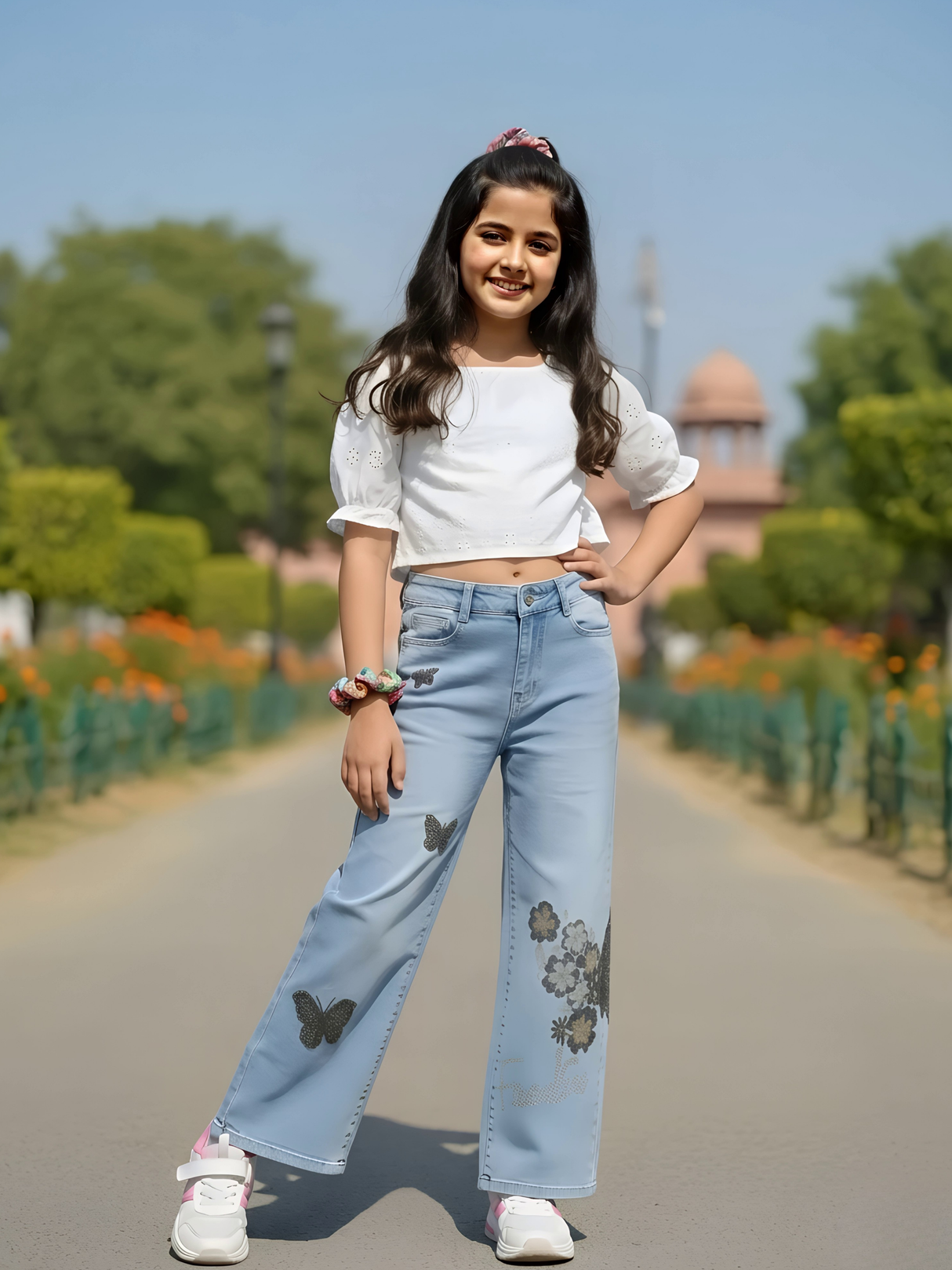 Girls' Light Blue Butterfly & Floral Print Wide-Leg Jeans