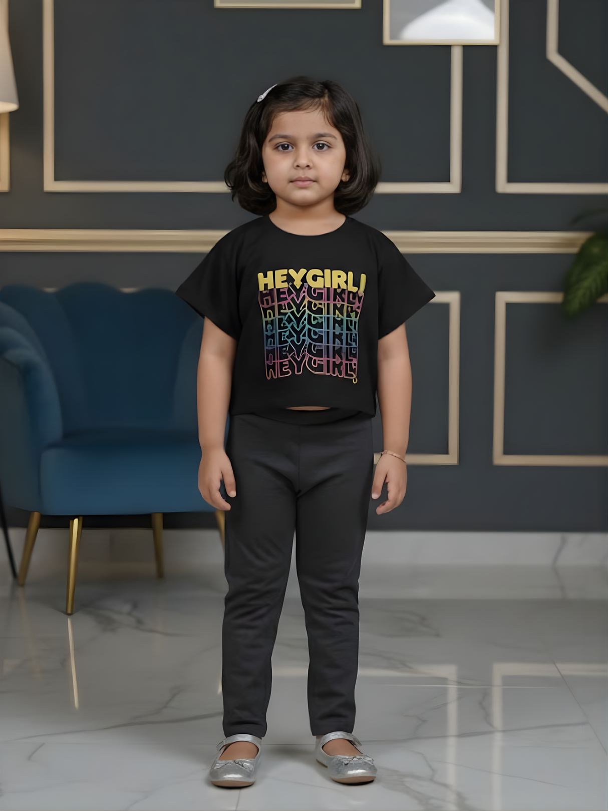 Girls Black "Hey Girl" Rainbow Graphic Crop Tee