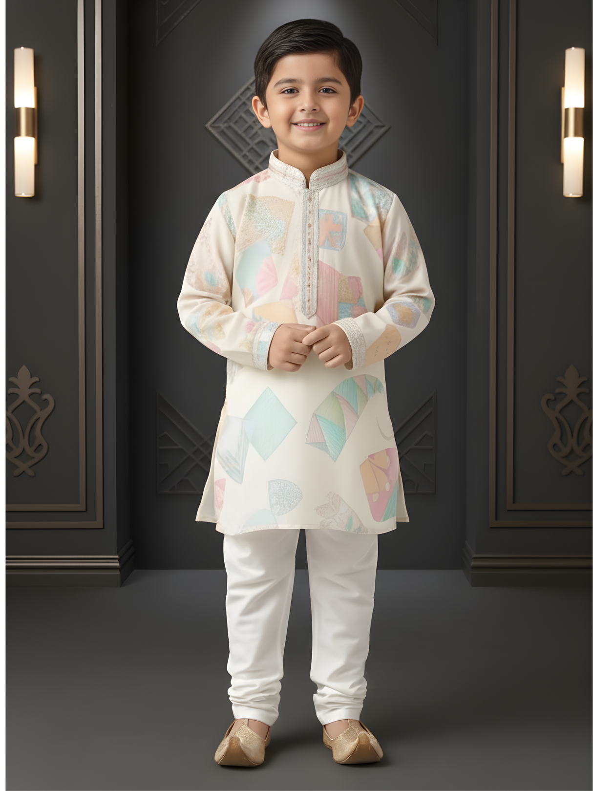 Boys Cream Kurta Set with Pastel Geometric Prints & Embroidered Neckline