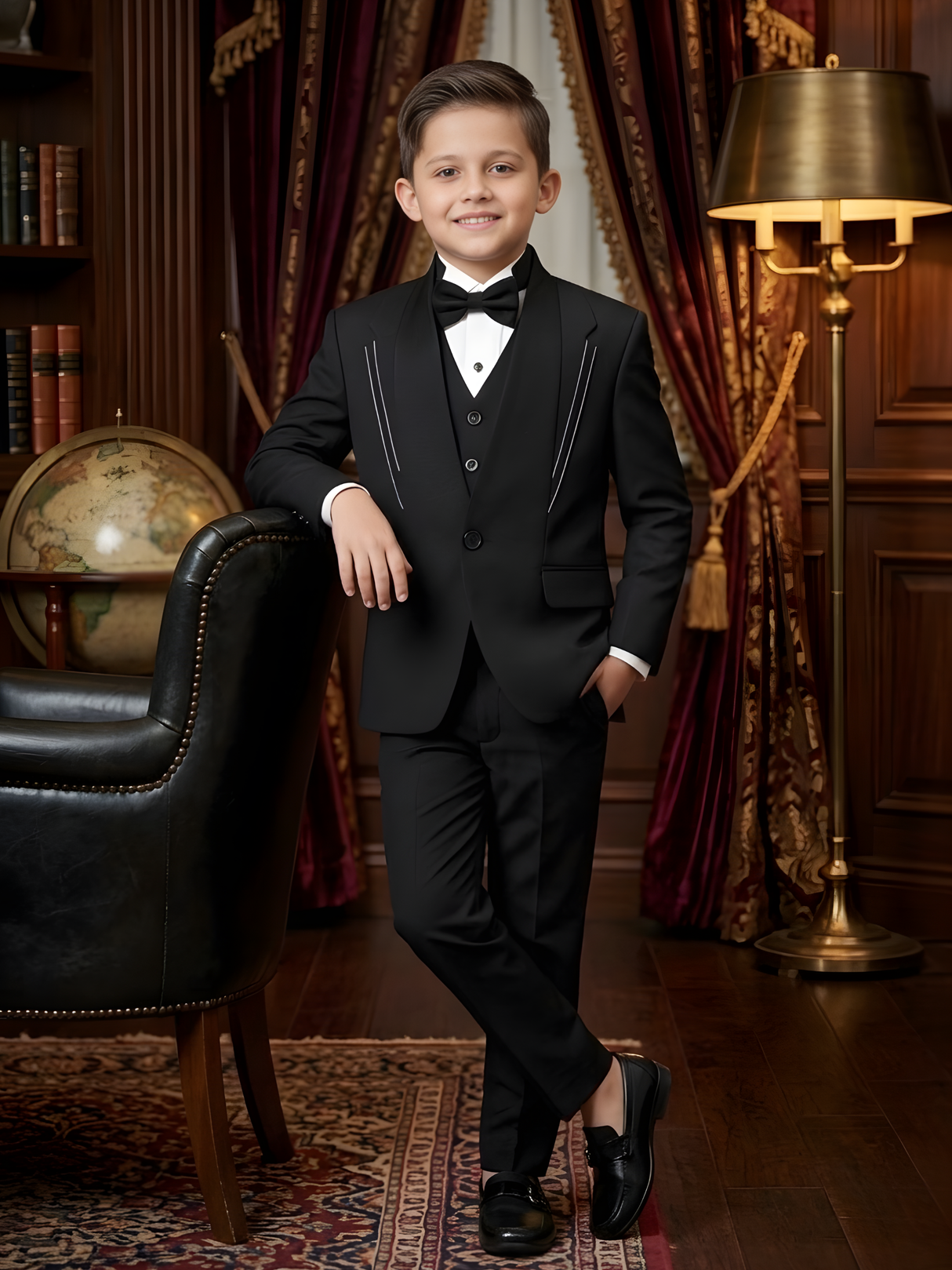 Boys' Black Textured 3-Piece Tuxedo Suit Set with Bow Tie