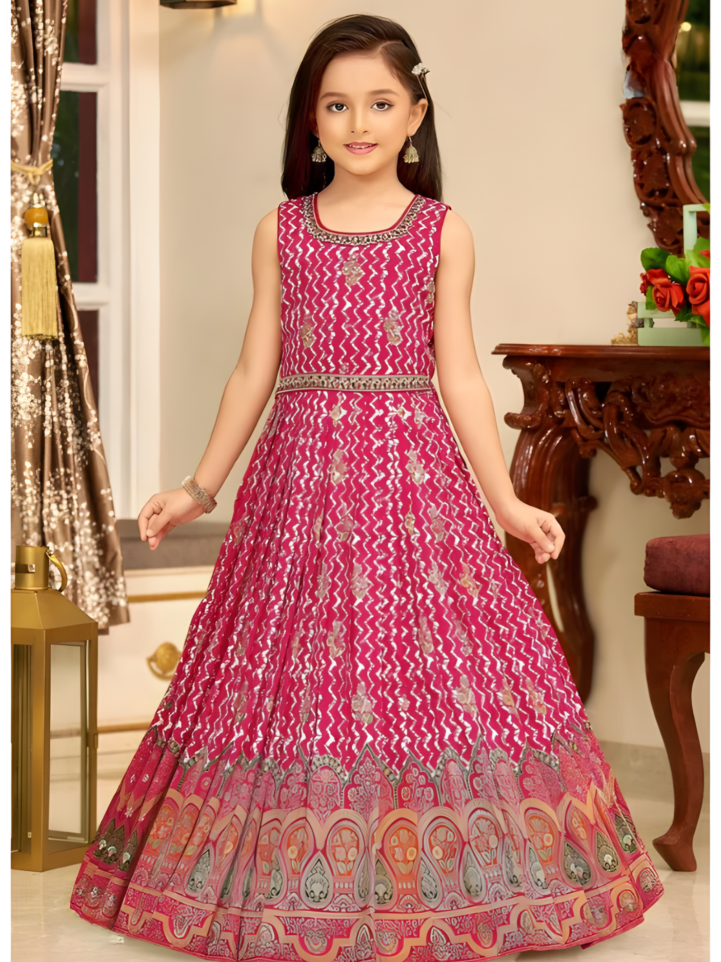 Girls Elegant Rani Pink Geometric Print Anarkali Gown