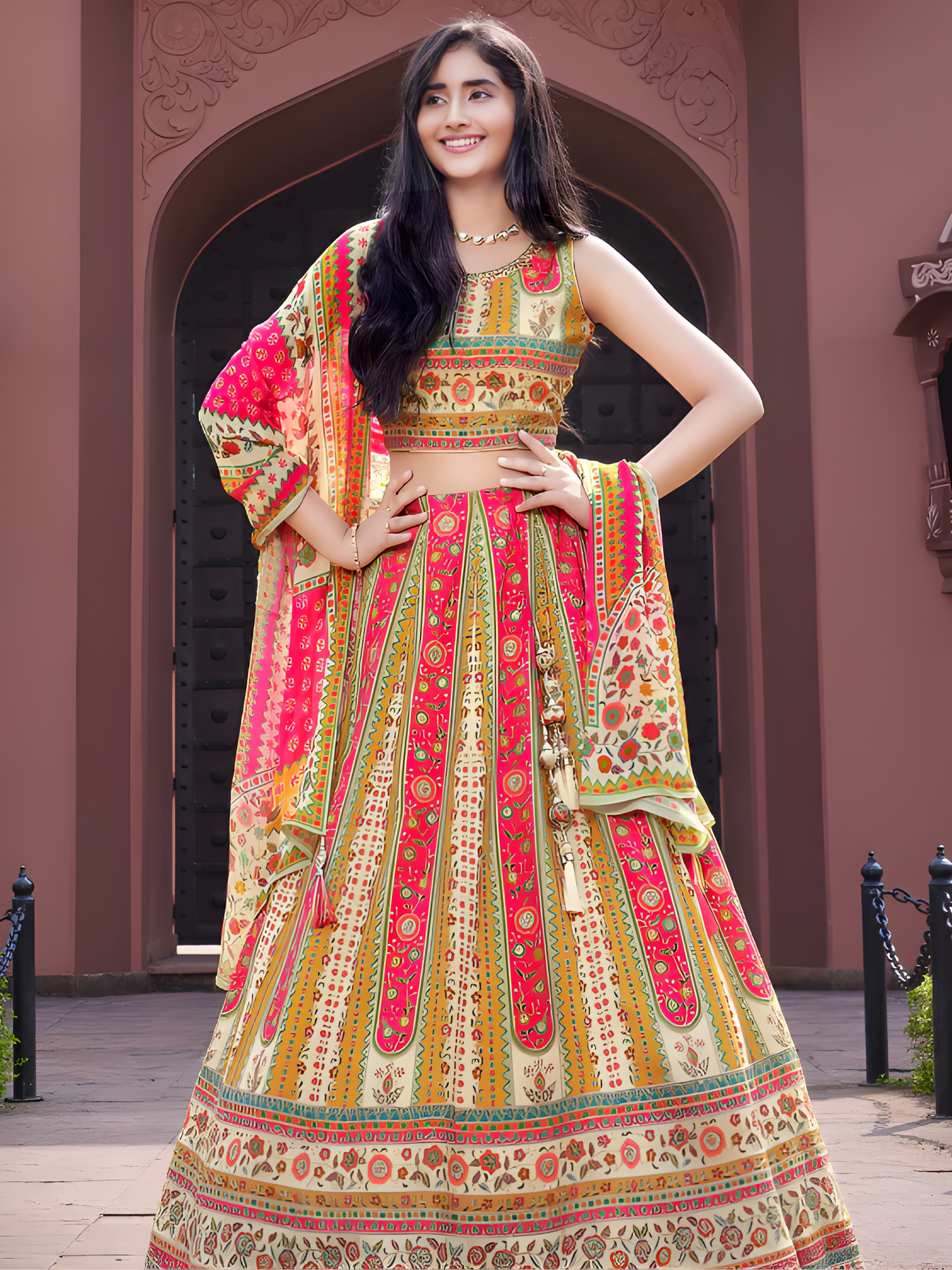 Women's Cream & Pink Rajasthani Print Silk Lehenga Choli Set