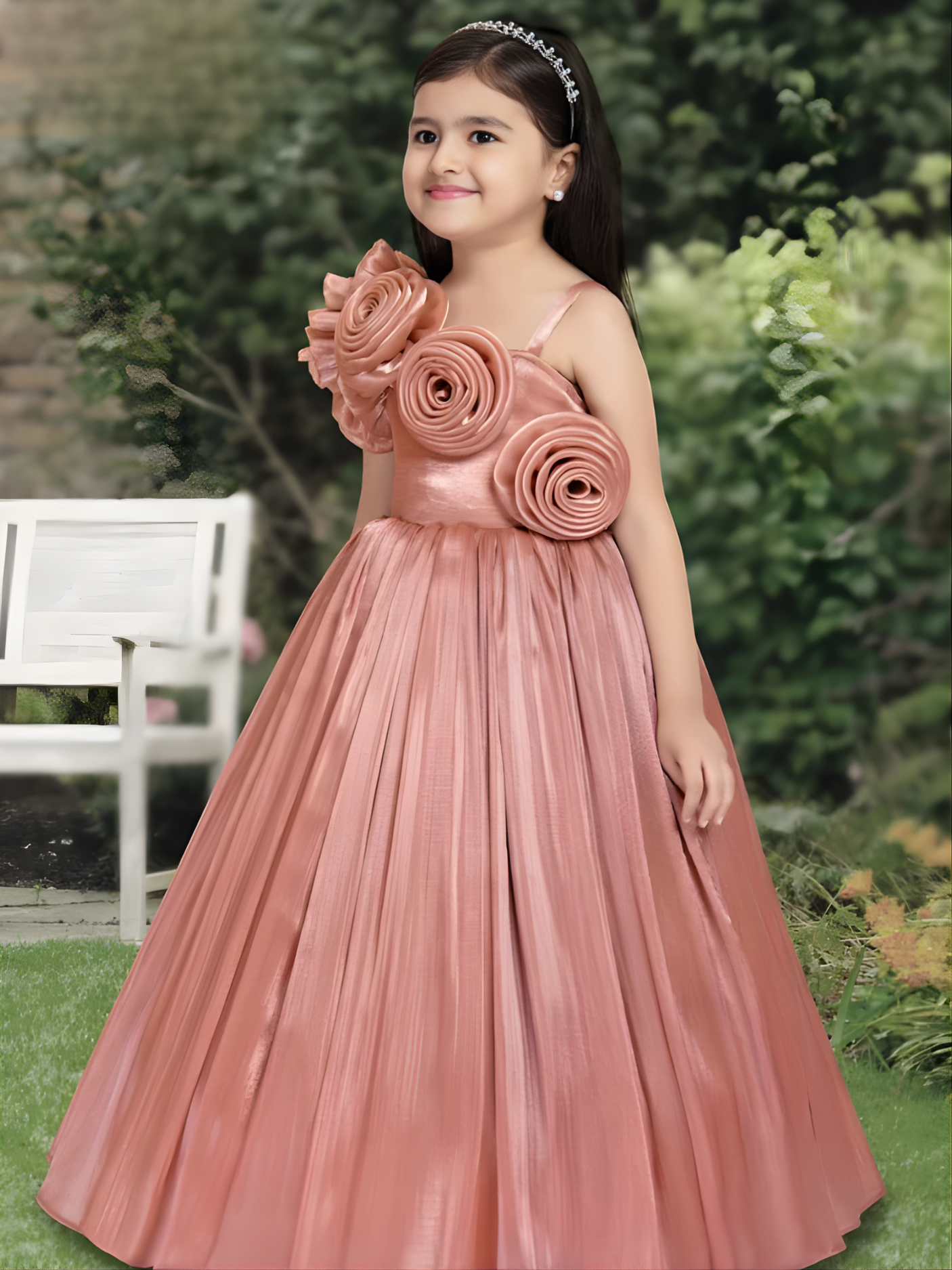 Girls Party Heavy Western Gown with work - Brown