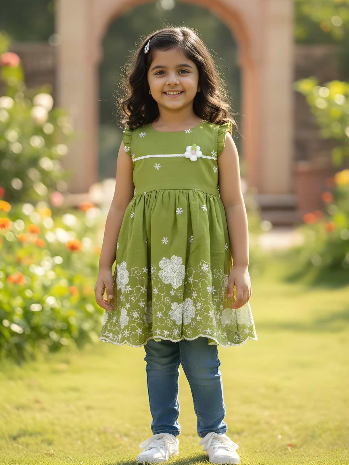 Girls' Casual Light Green Cotton Frock with White Embroidery