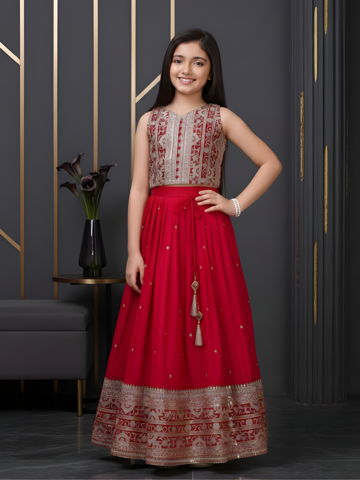 Girls' Deep Red Heavy Zari & Sequin Embroidered Lehenga Choli.