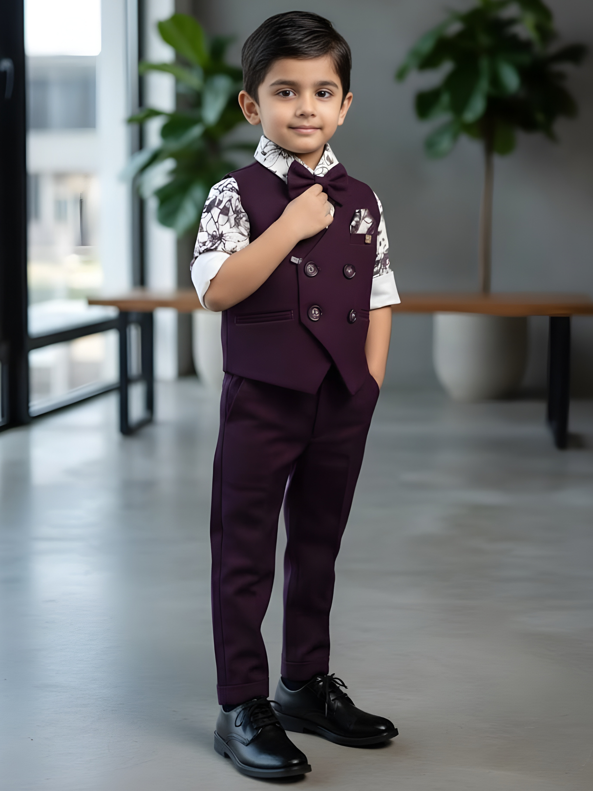 Boys' Purple Double-Breasted Waistcoat & Floral Shirt Set