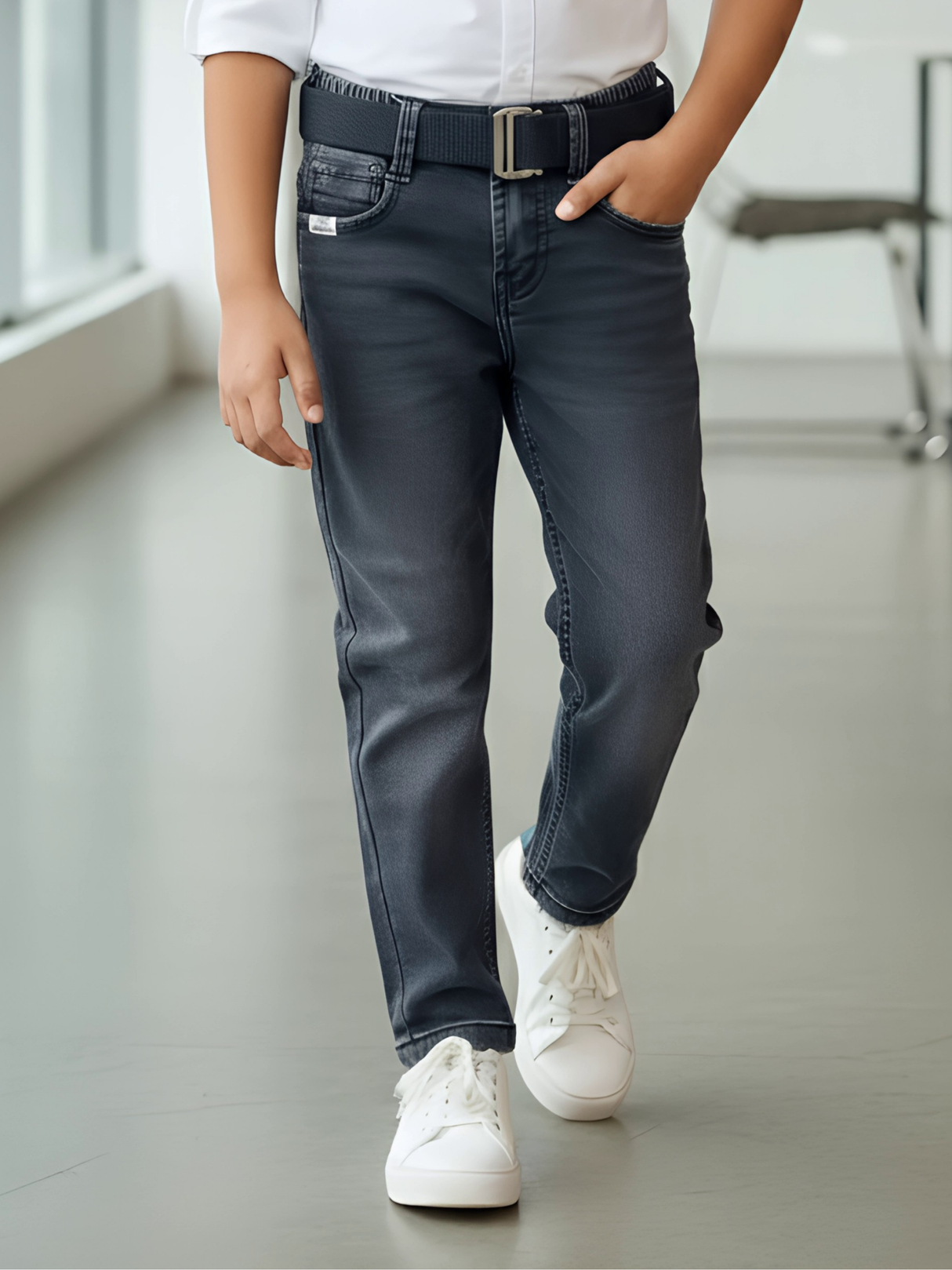 Boys' Premium Dark Grey Slim Fit Jeans with Adjustable Belt