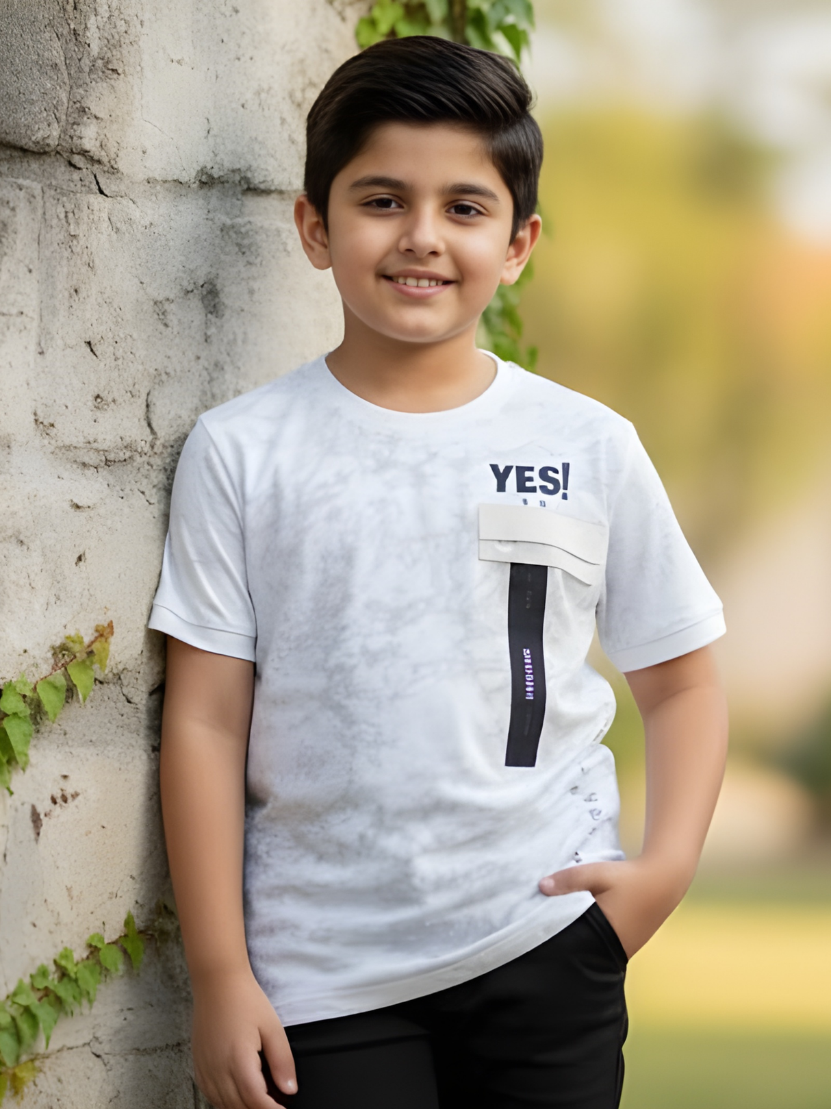 Boys' Washed Cream T-Shirt with Utility Pocket and Urban Graphic