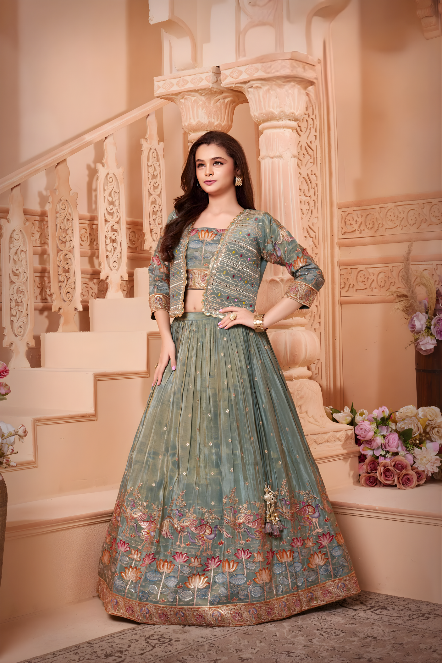 Girls' Sage Green Embroidered Jacket, Crop Top, and Lehenga Set