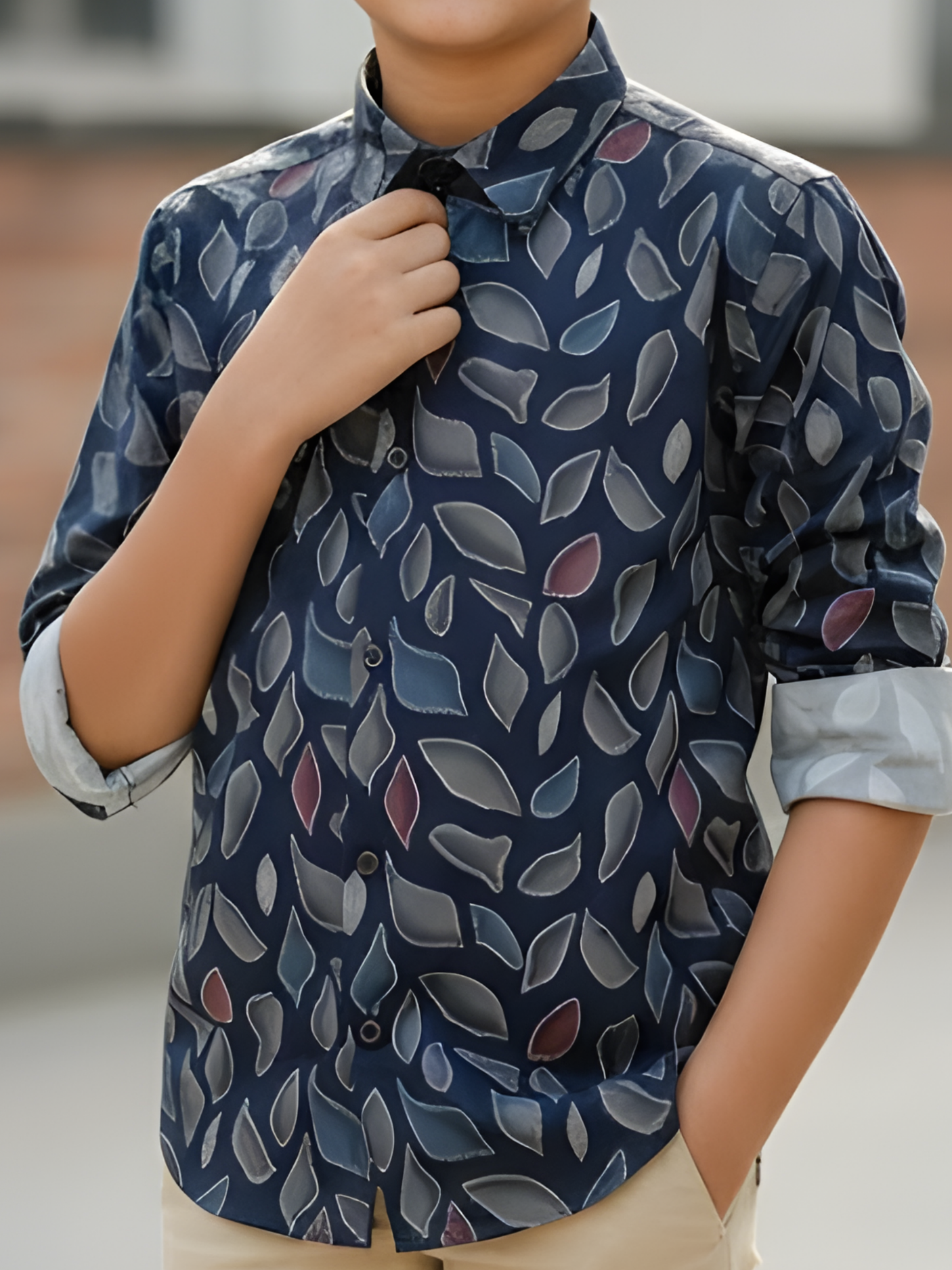 Boys Navy Blue Abstract Leaf Print Casual Shirt
