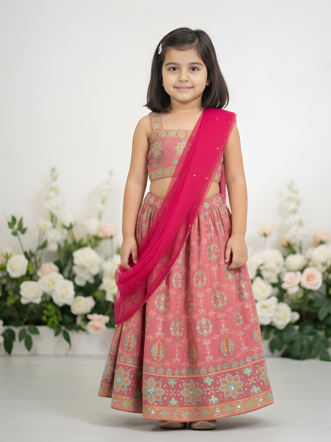 Girls' Festive Coral Pink Crop Top (Choli) and Embroidered Lehenga Skirt Set