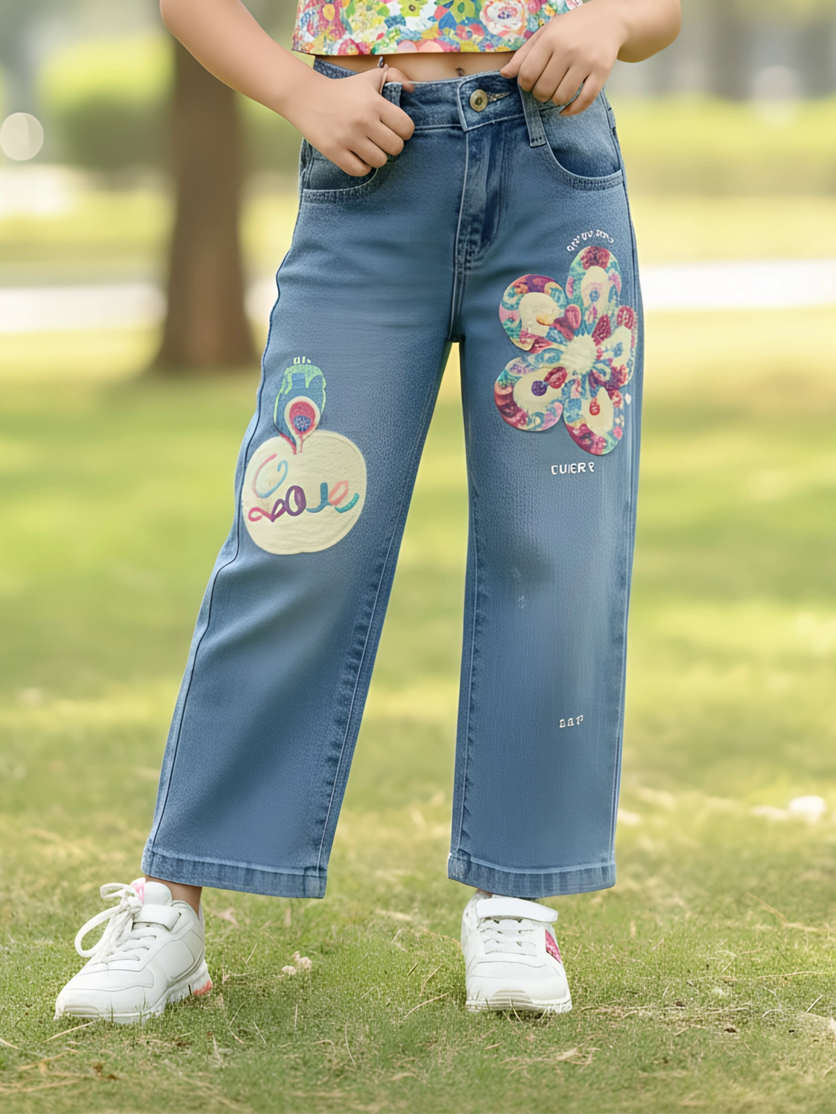 Girls' Floral Patchwork Wide-Leg Blue Denim Jeans