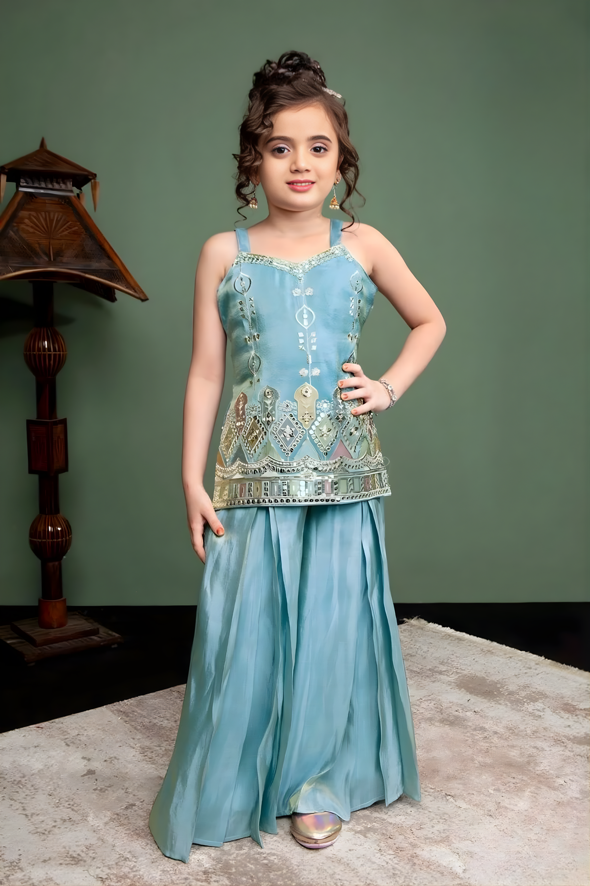 Girls' Aqua Blue Sharara Set with Sequined Peplum Kurta
