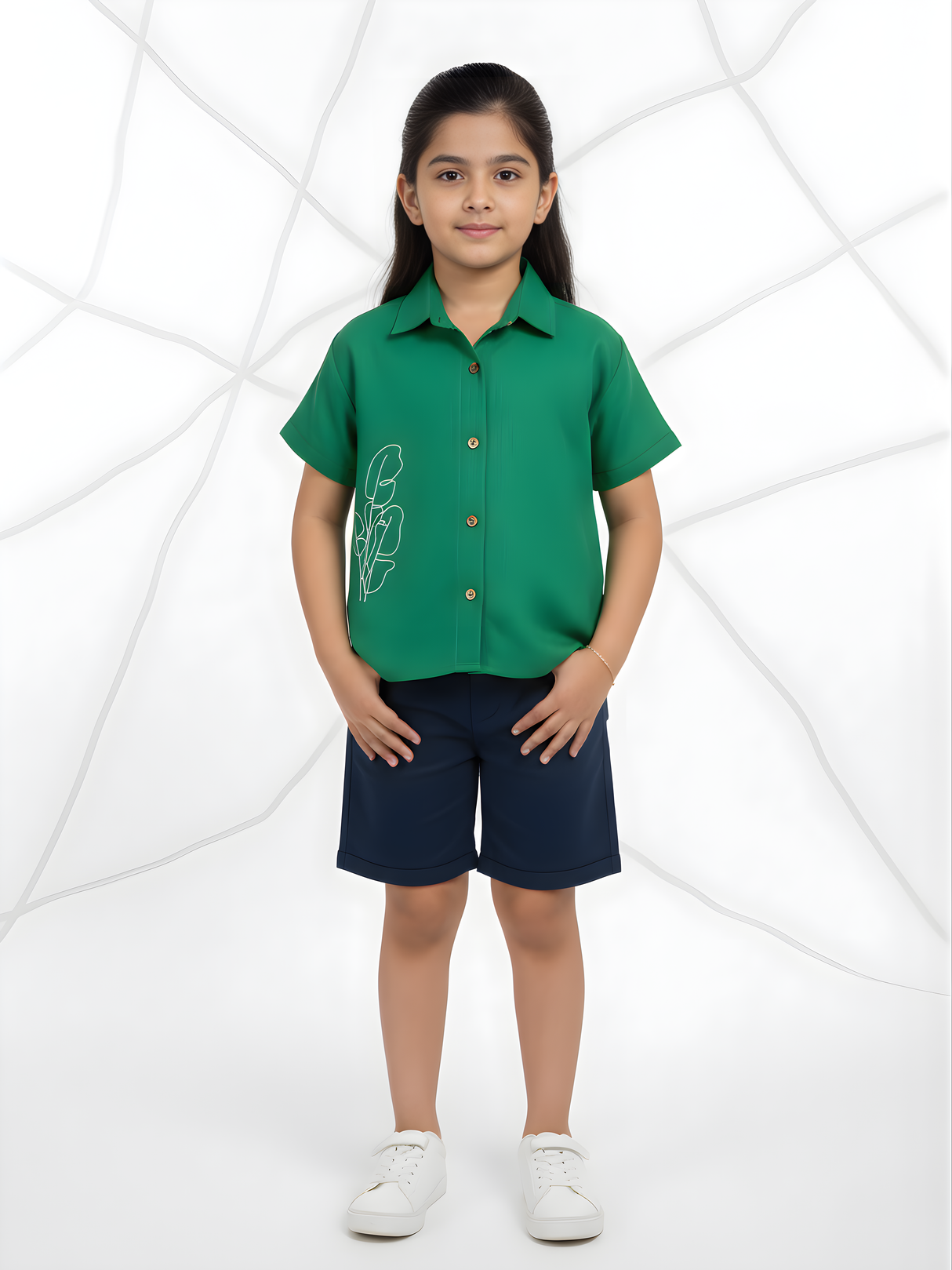 Girls Emerald Green Short Sleeve Shirt with Leaf Embroidery