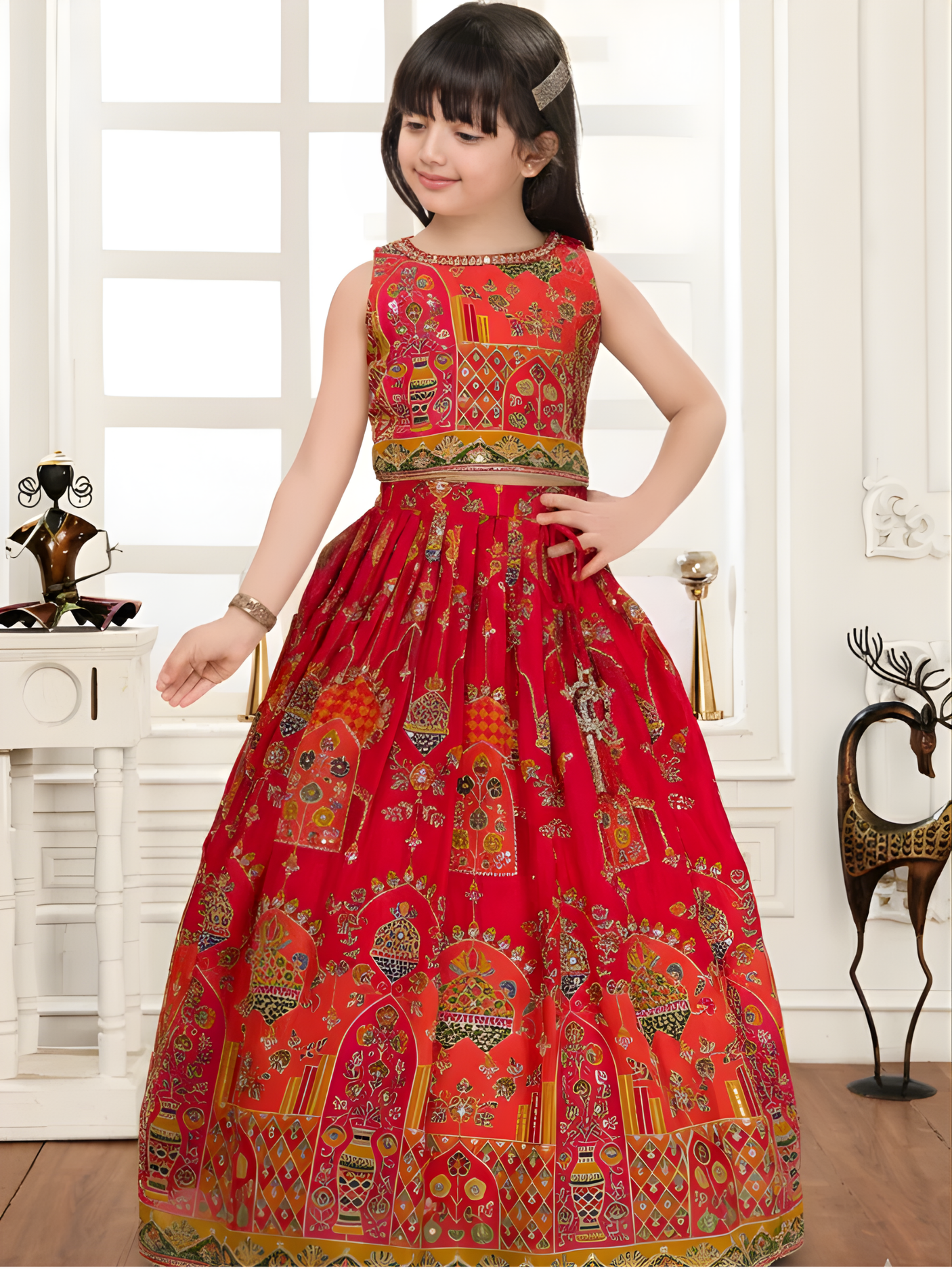 Girls' Festive Red Embroidered Choli and Long Printed Lehenga Set