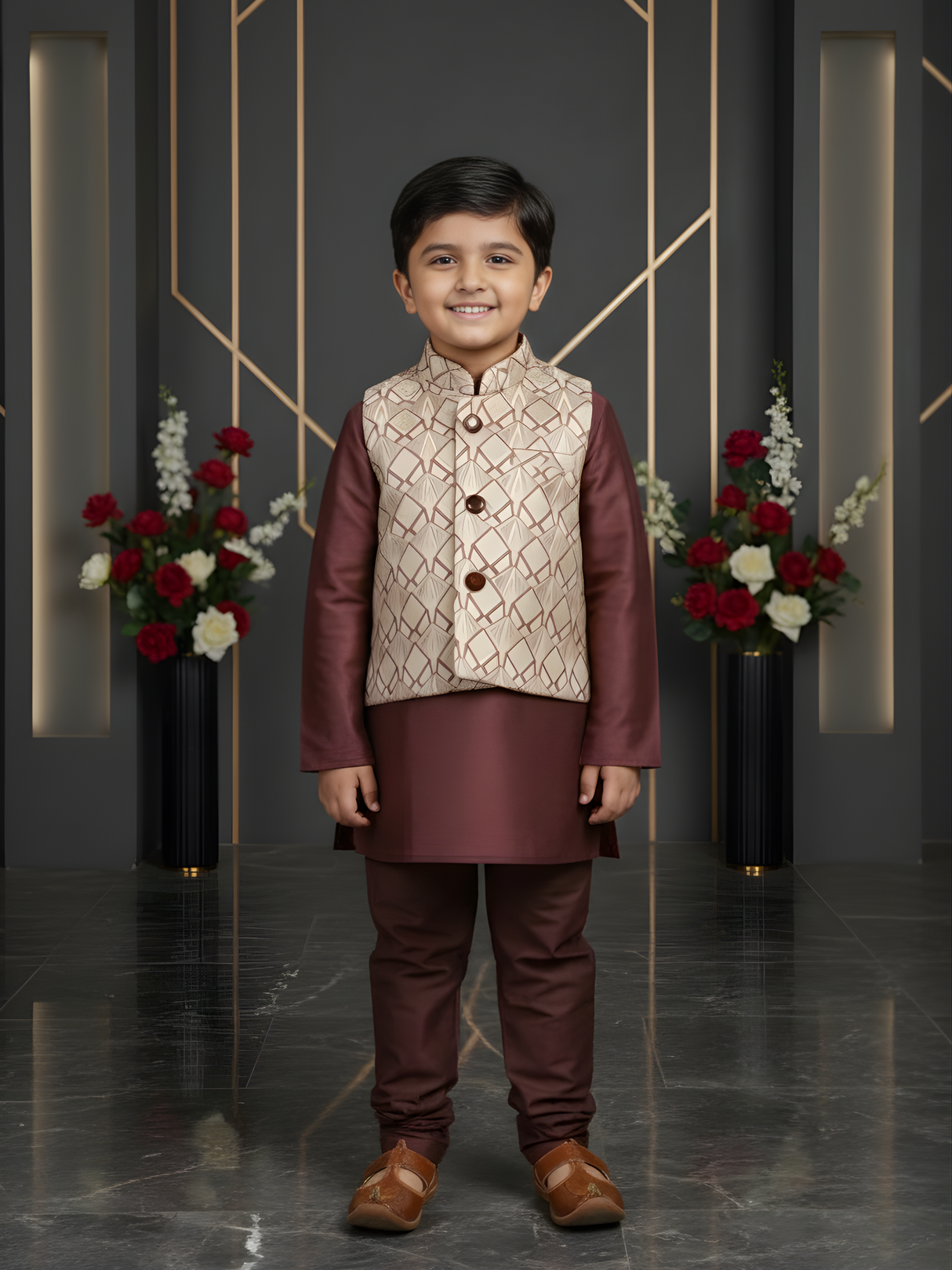 Boys Cream & Brown Ethnic Kurta Set with Geometric Printed Nehru Jacket