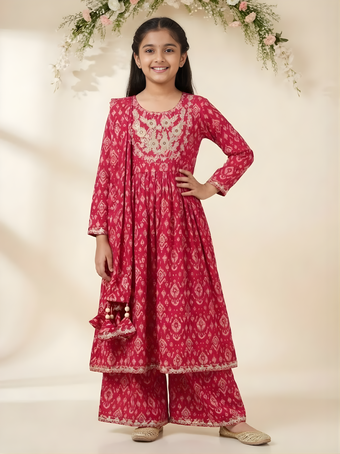 Girls’ Rani Floral Anarkali Kurta & Palazzo Set with Dupatta