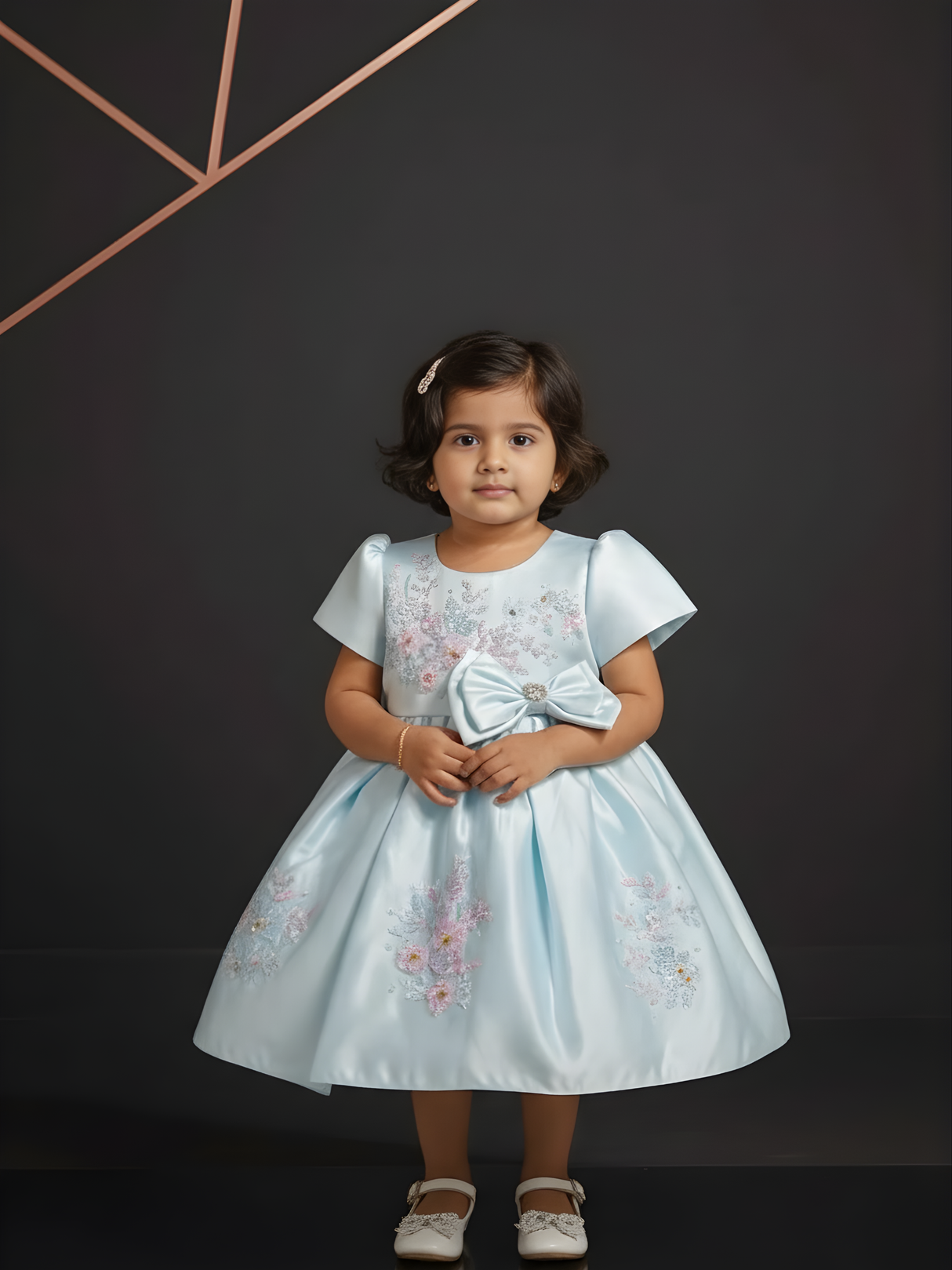 Serene Sky Blue Floral Embroidered Satin Party Dress with Waist Bow