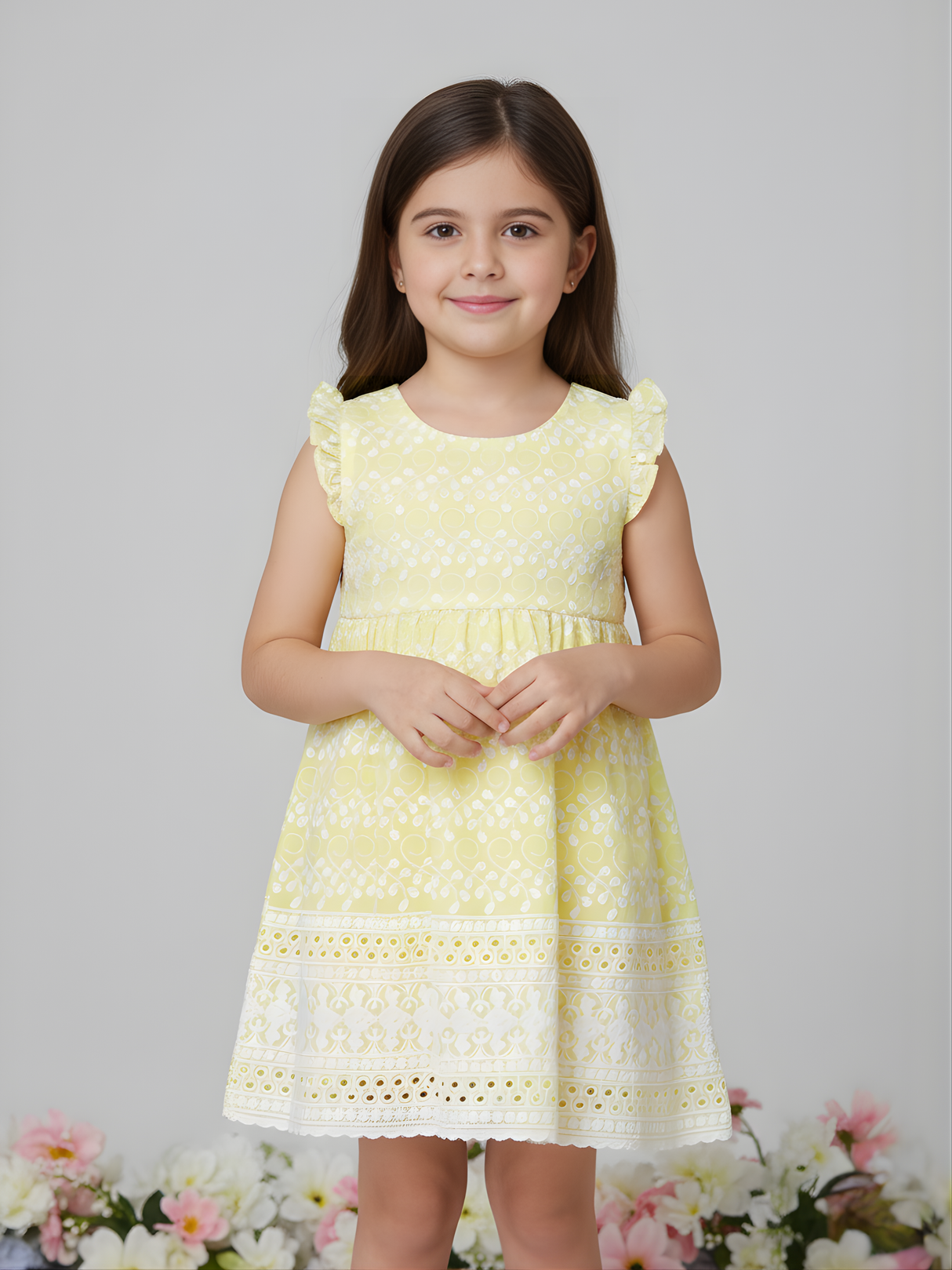 Sunshine Yellow Frock with White Broderie Anglaise & Ruffle Sleeves