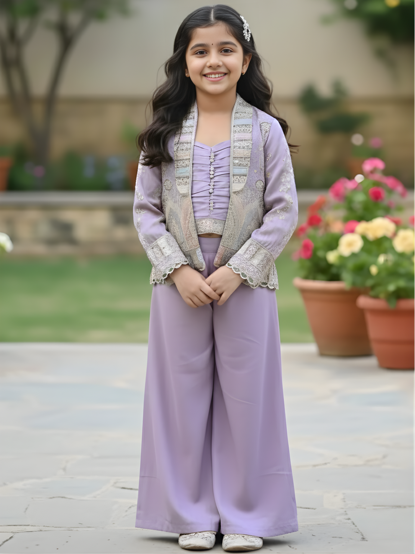 Girls Lavender Purple Embroidered Jacket and Palazzo Set