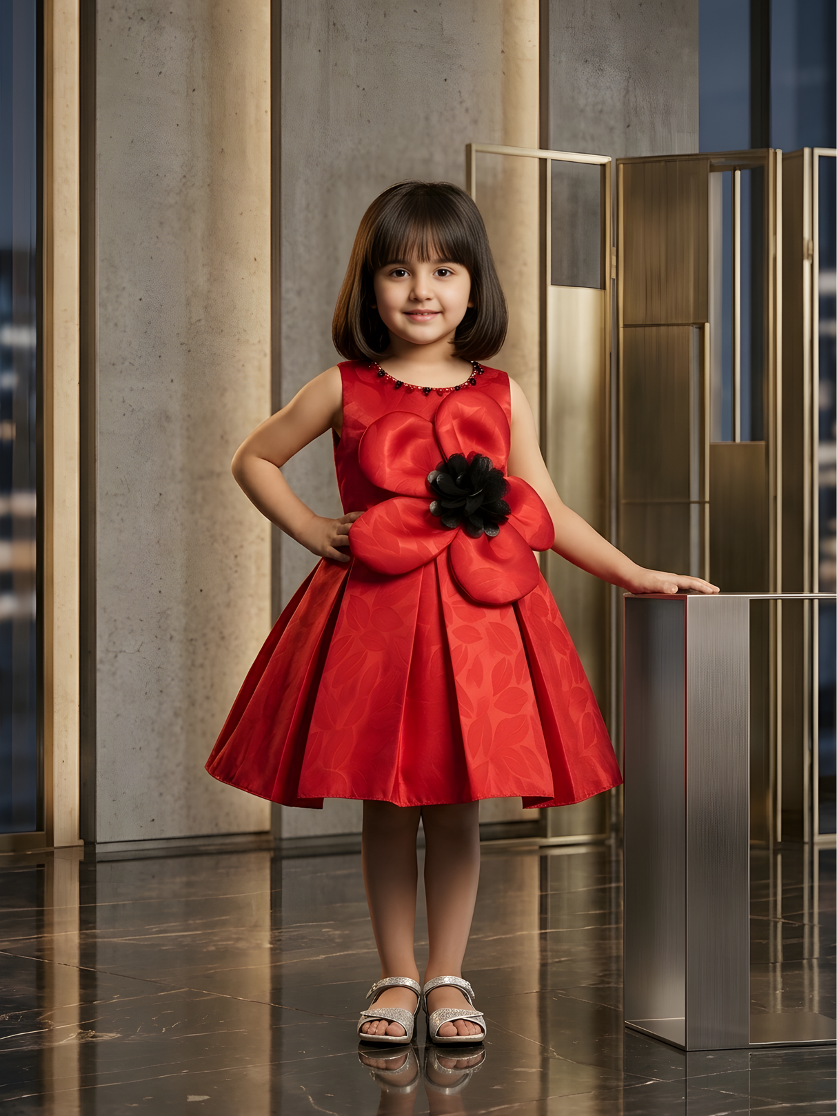 Girls' Ruby Red Sleeveless Party Frock with Black & Red 3D Flower