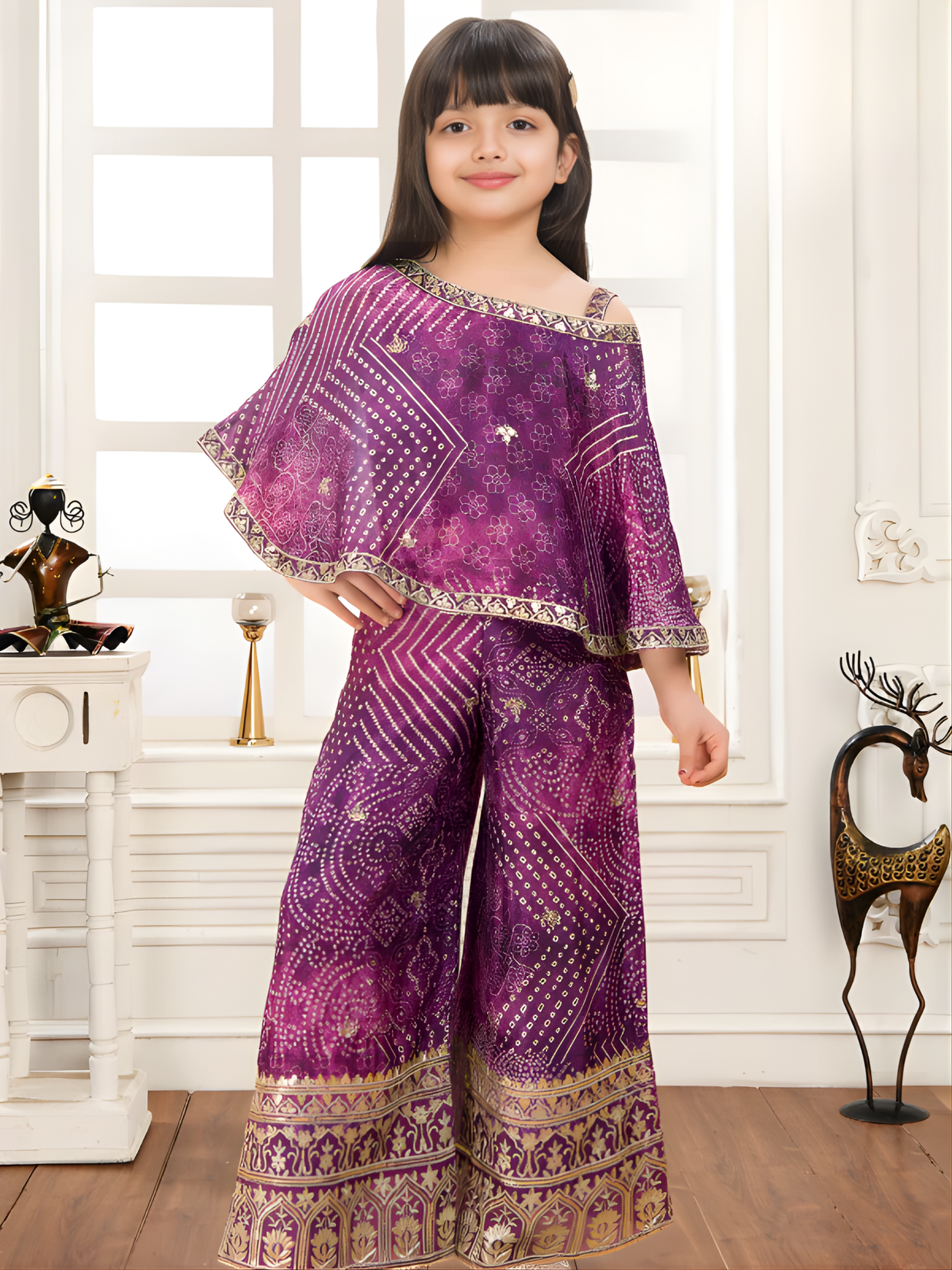 Girls' Bandhani Print Cape Top and Palazzo Set (Royal Purple)