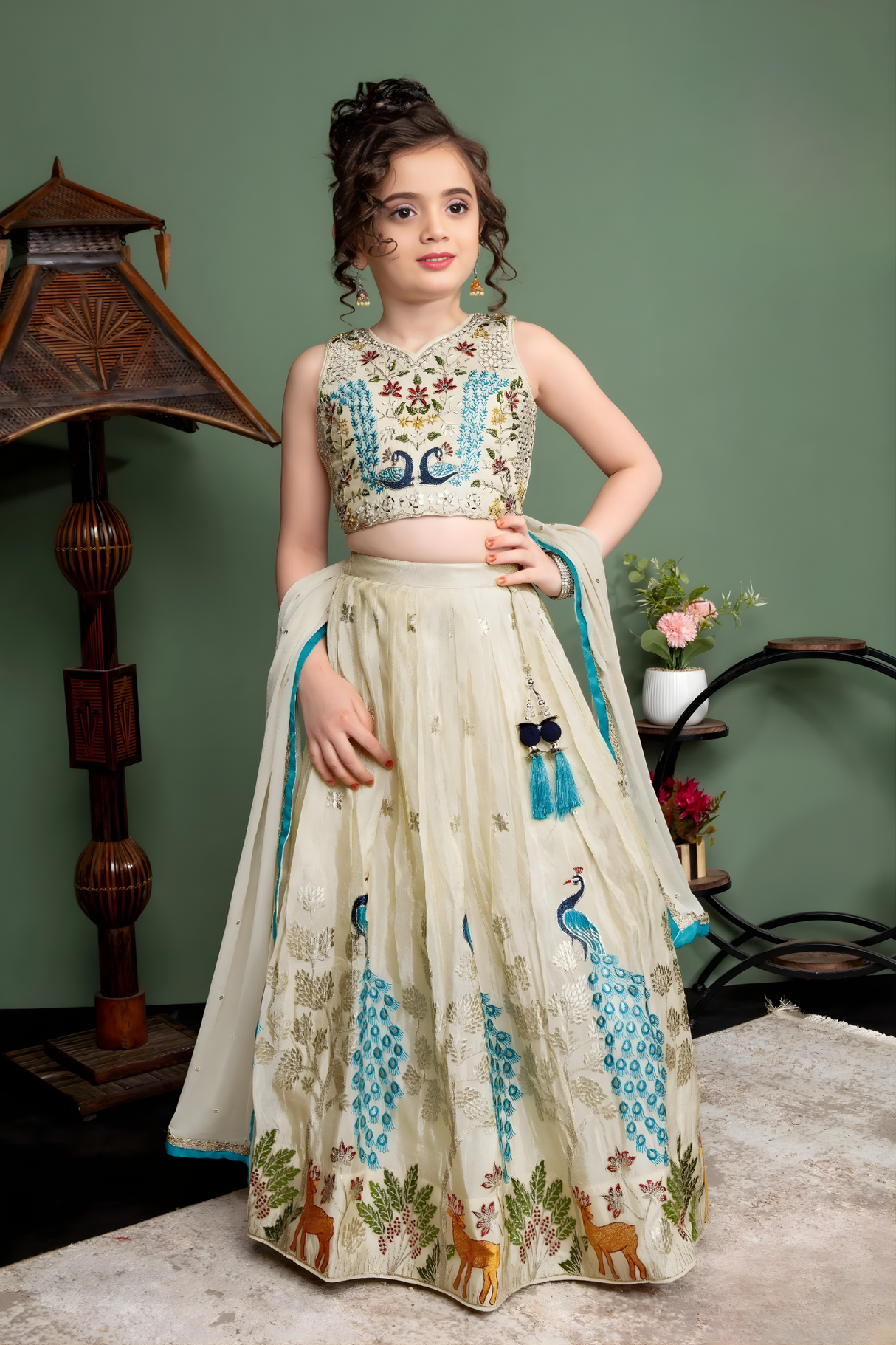 Ivory Cream Kids Lehenga Choli with Peacock & Deer Embroidery