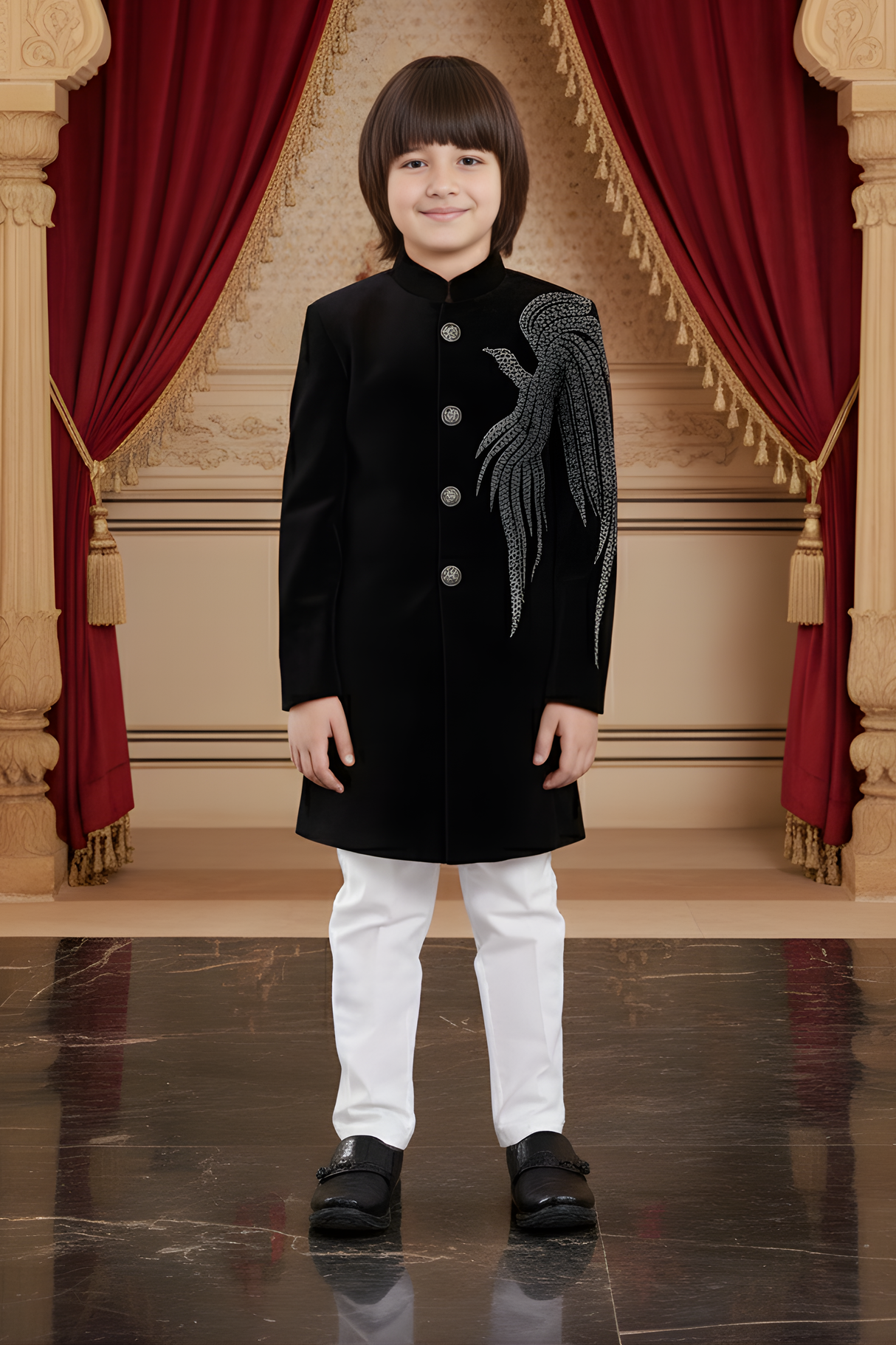 Black Velvet Achkan Suit with Silver Wing Embroidery for Boys